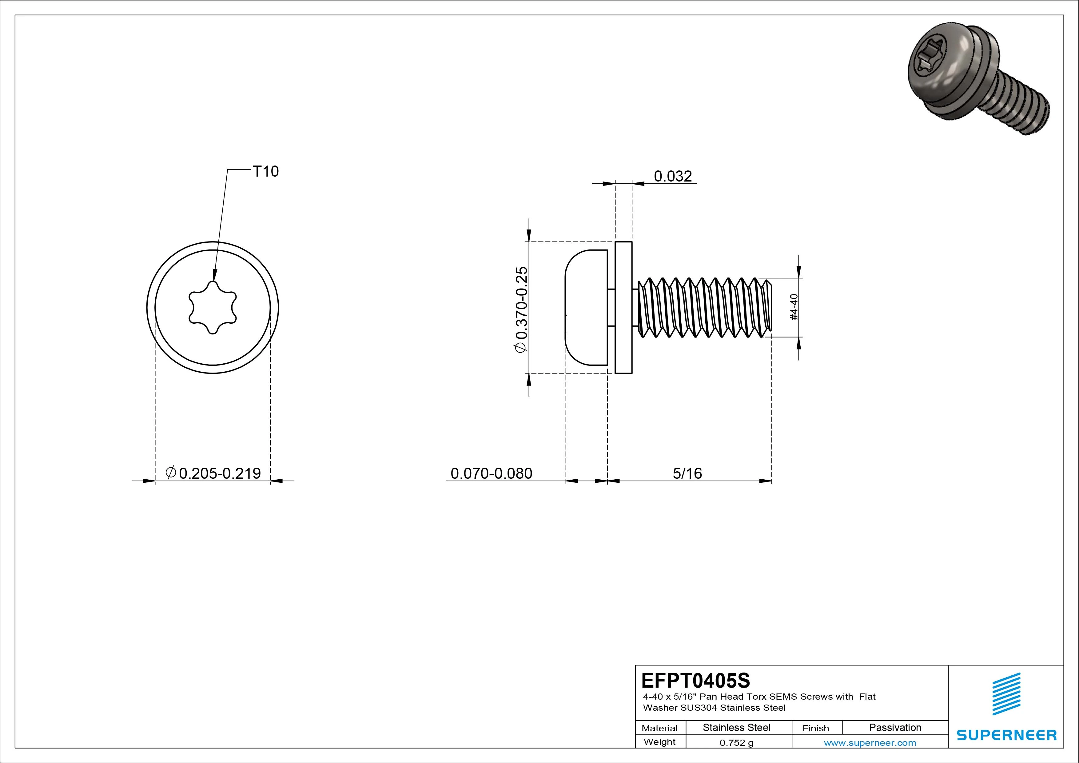 4-40 x 5/16" Pan Head Torx SEMS Screws with Flat Washer SUS304 Stainless Steel Inox