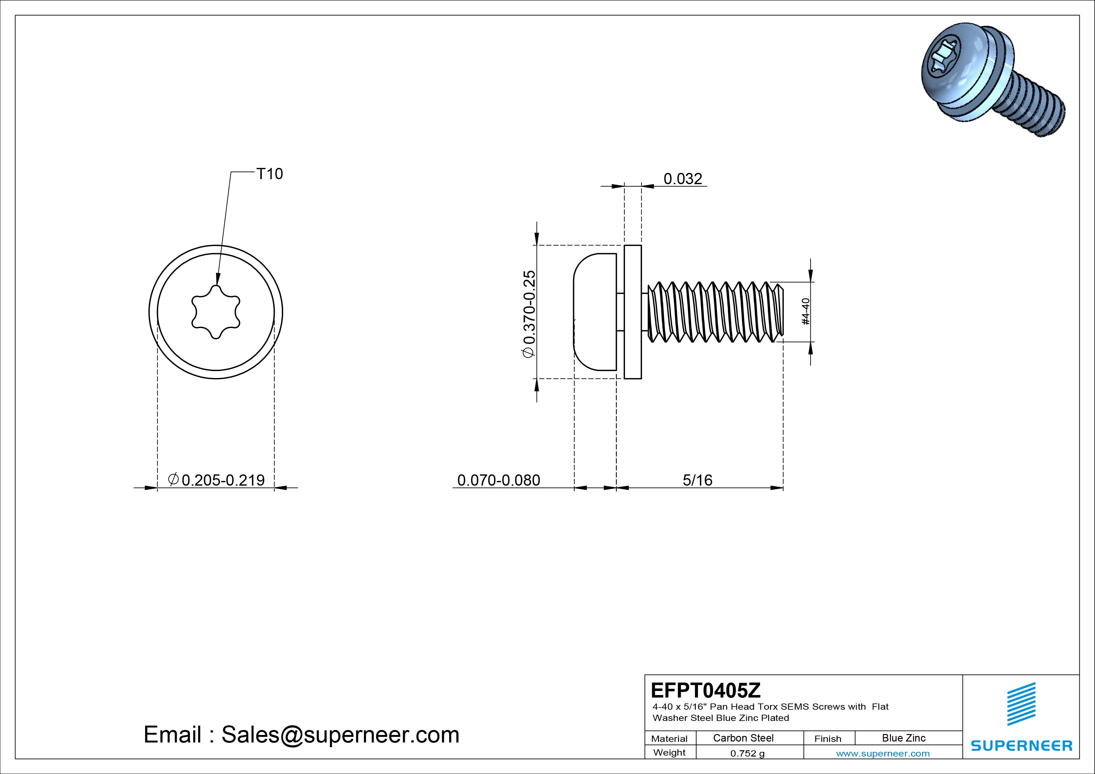 4-40 x 5/16" Pan Head Torx SEMS Screws with Flat Washer Steel Blue Zinc Plated