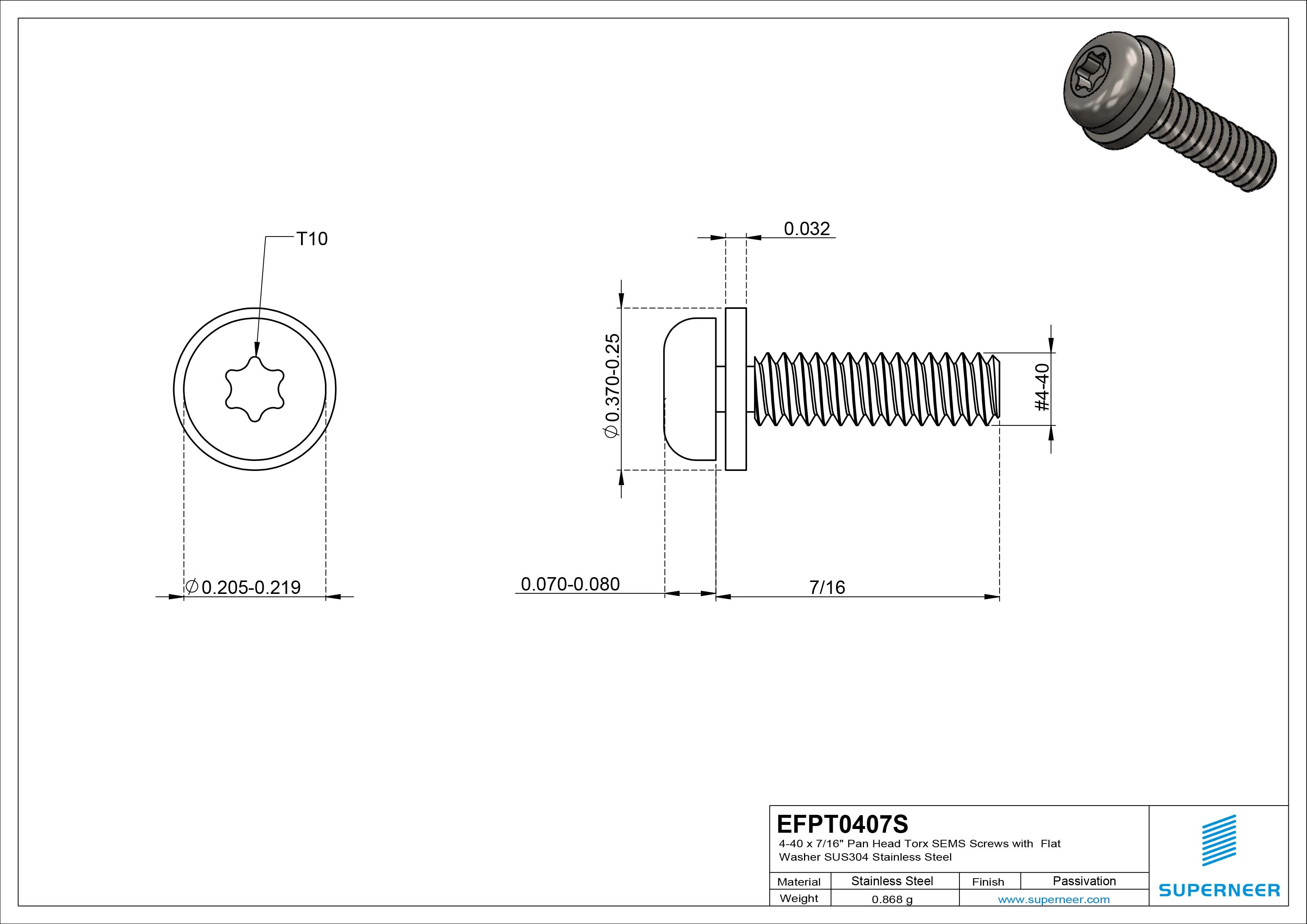4-40 x 7/16" Pan Head Torx SEMS Screws with Flat Washer SUS304 Stainless Steel Inox