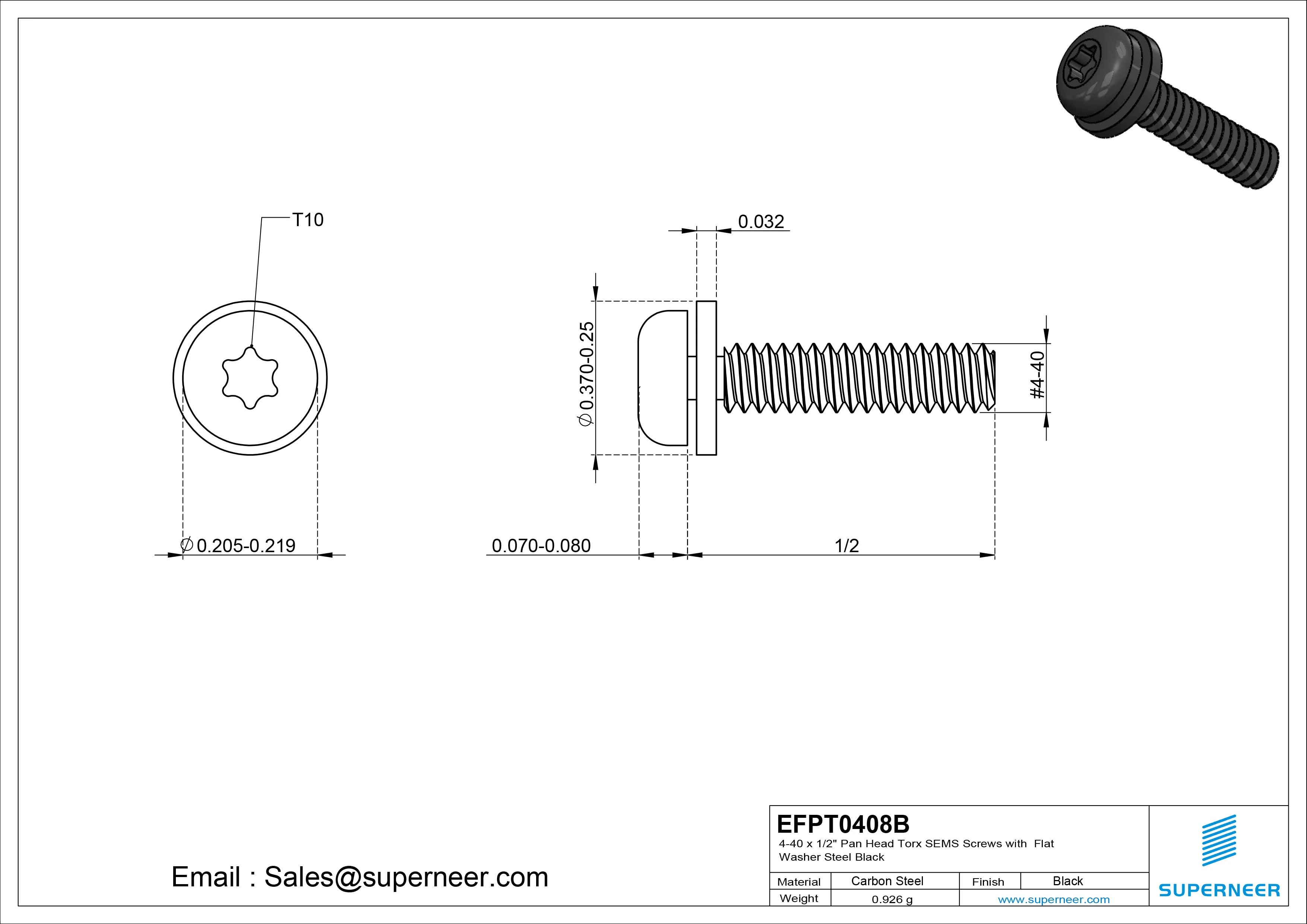 4-40 x 1/2" Pan Head Torx SEMS Screws with Flat Washer Steel Black