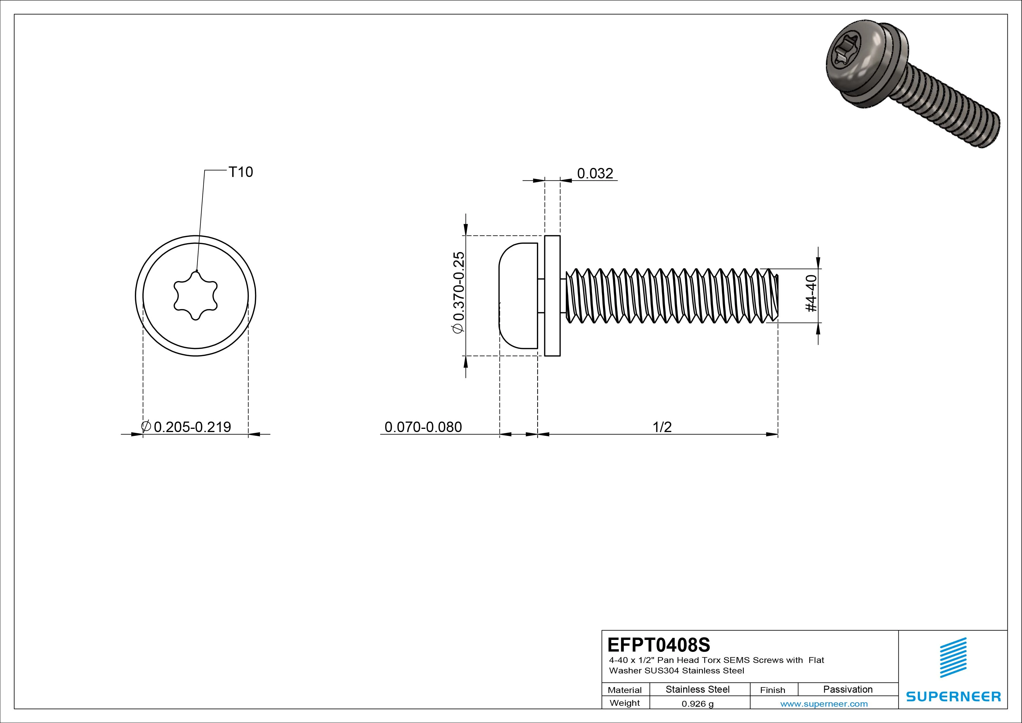 4-40 x 1/2" Pan Head Torx SEMS Screws with Flat Washer SUS304 Stainless Steel Inox