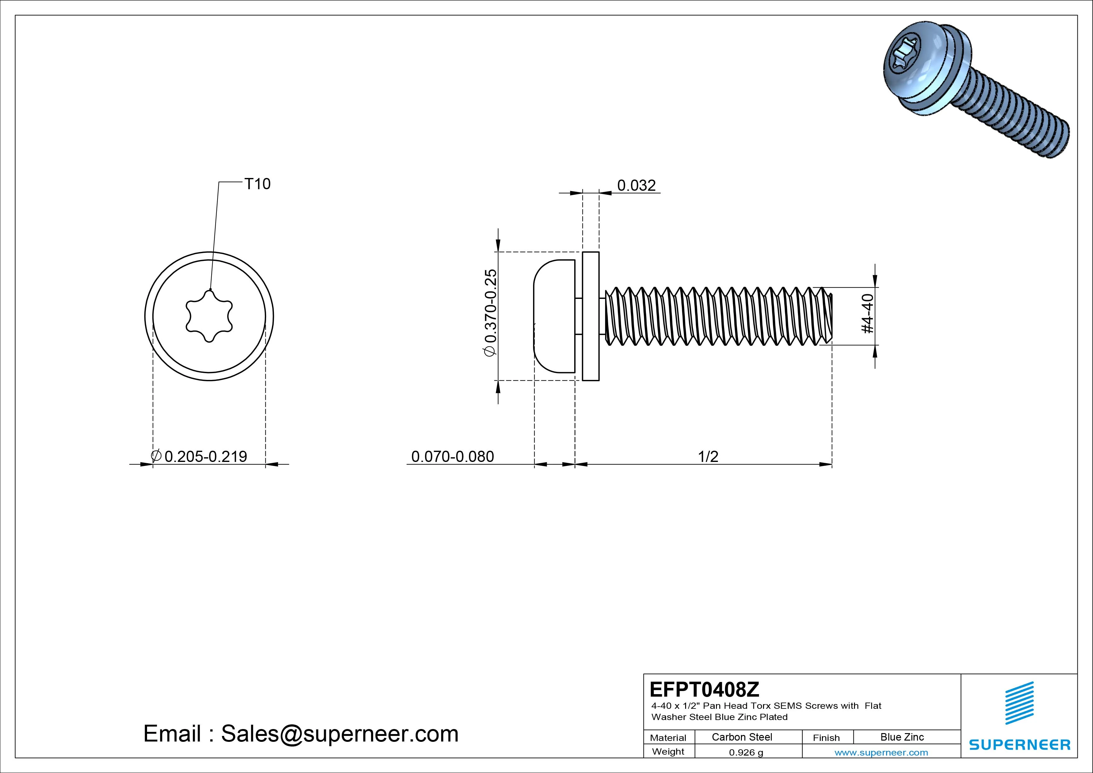 4-40 x 1/2" Pan Head Torx SEMS Screws with Flat Washer Steel Blue Zinc Plated