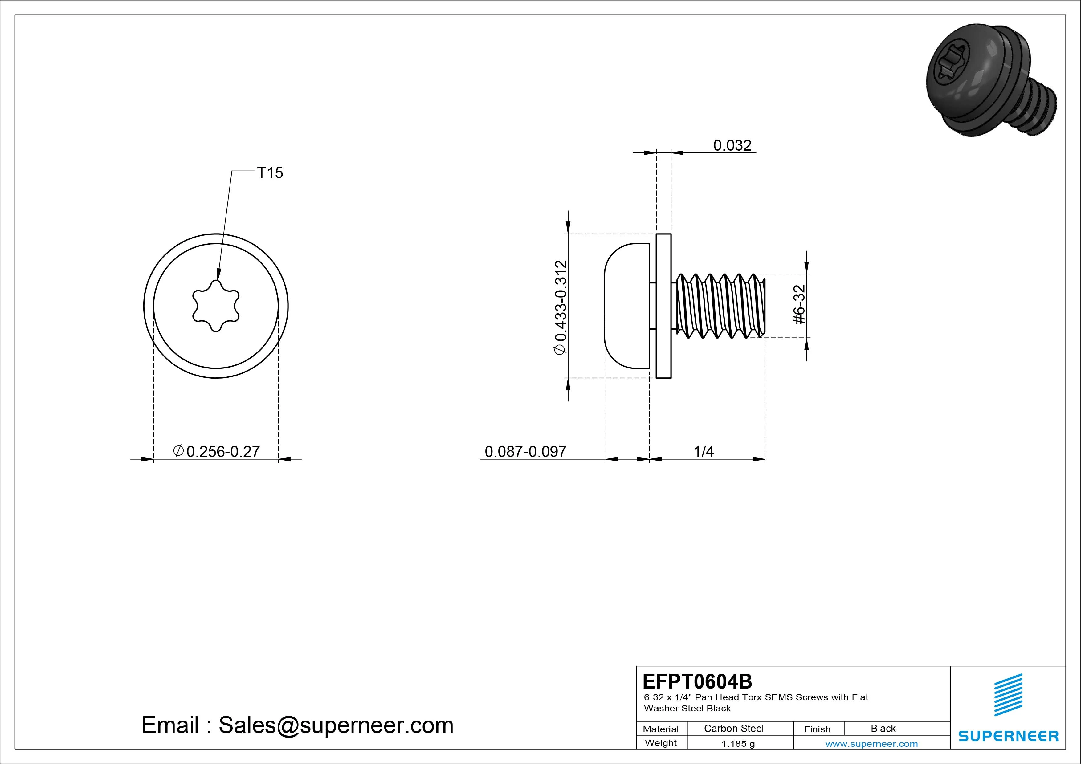 6-32 x 1/4" Pan Head Torx SEMS Screws with Flat Washer Steel Black