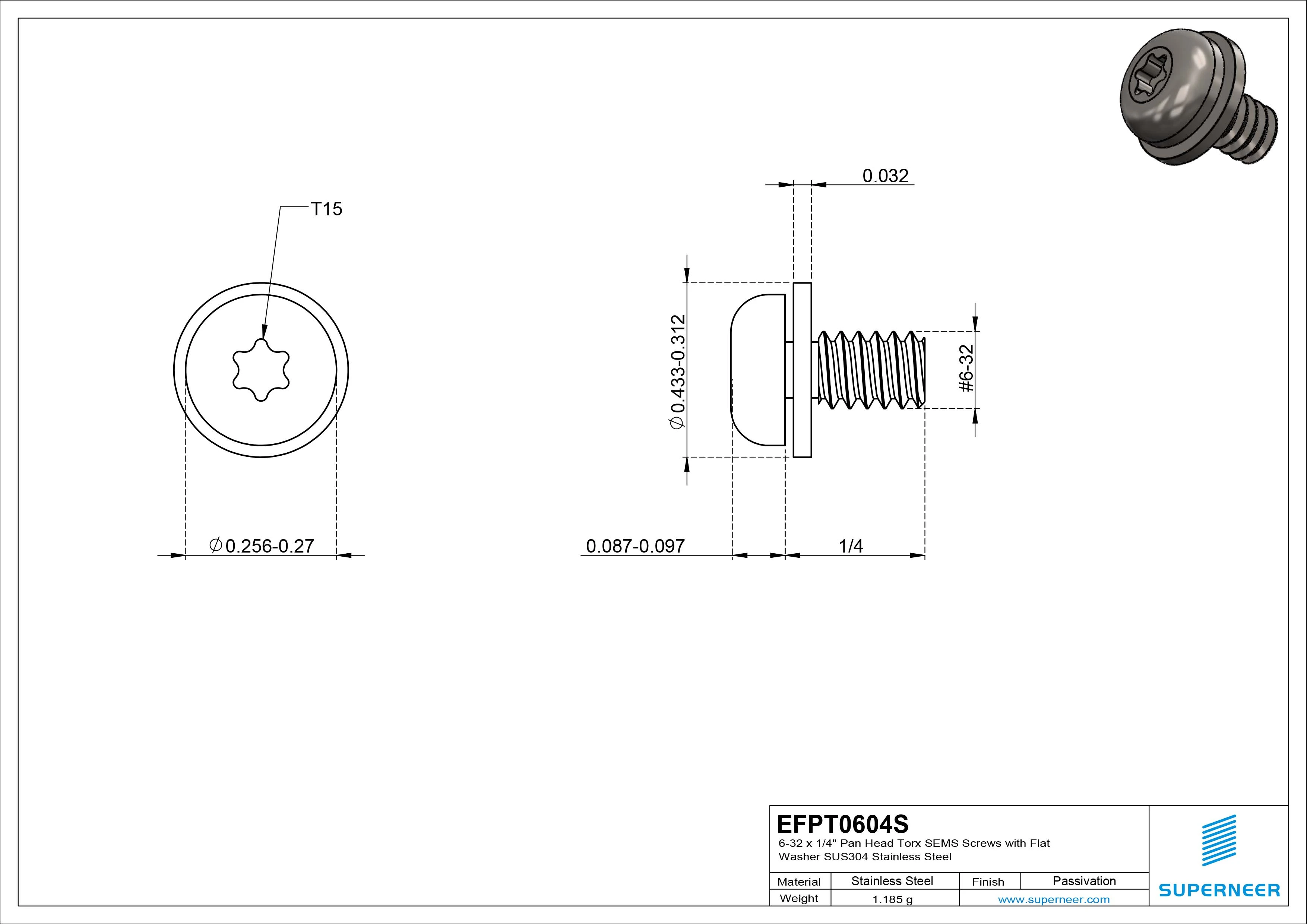 6-32 x 1/4" Pan Head Torx SEMS Screws with Flat Washer SUS304 Stainless Steel Inox