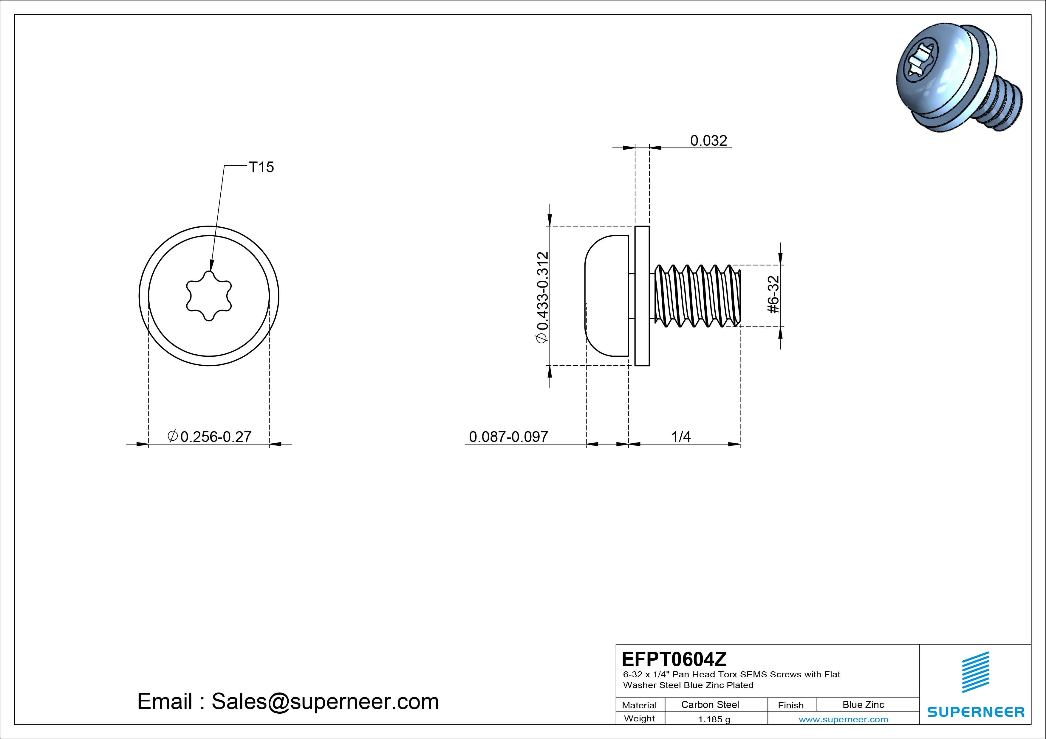 6-32 x 1/4" Pan Head Torx SEMS Screws with Flat Washer Steel Blue Zinc Plated