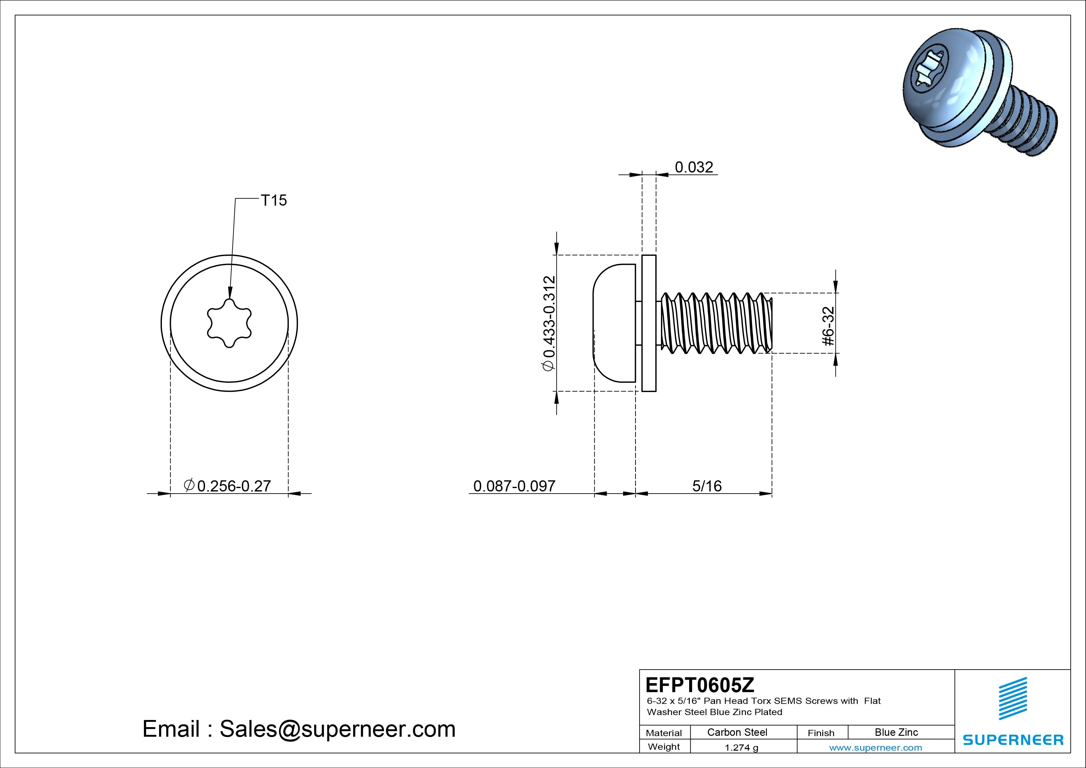 6-32 x 5/16" Pan Head Torx SEMS Screws with Flat Washer Steel Blue Zinc Plated