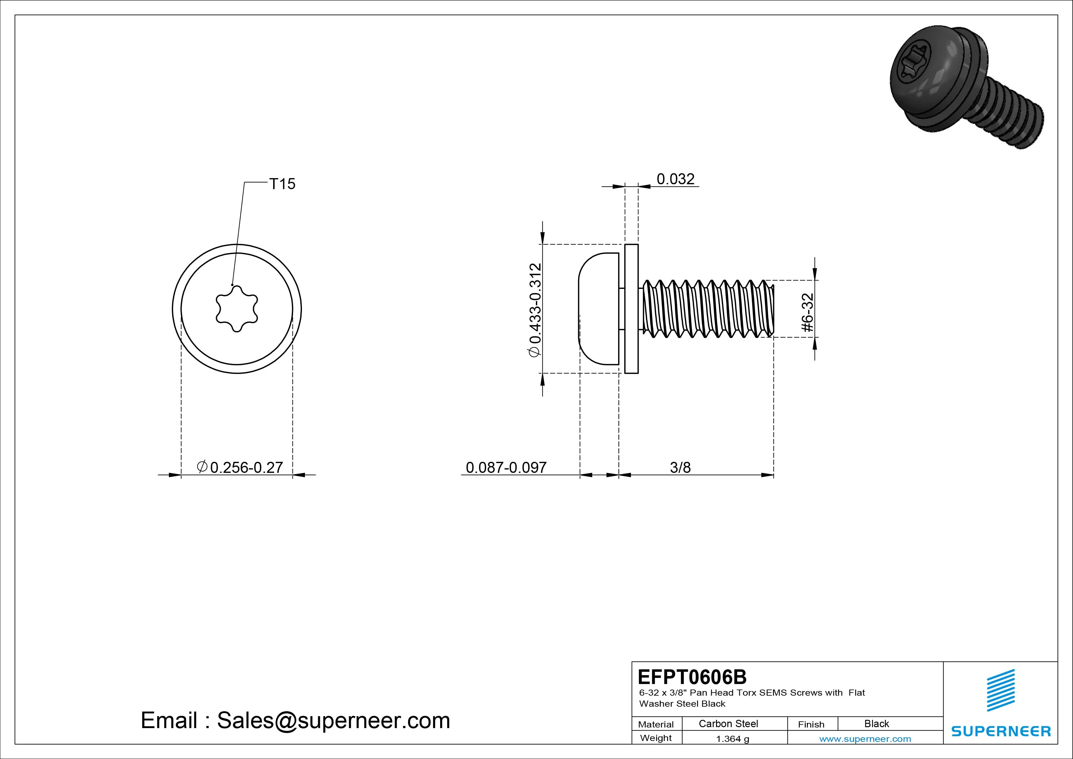6-32 x 3/8" Pan Head Torx SEMS Screws with Flat Washer Steel Black