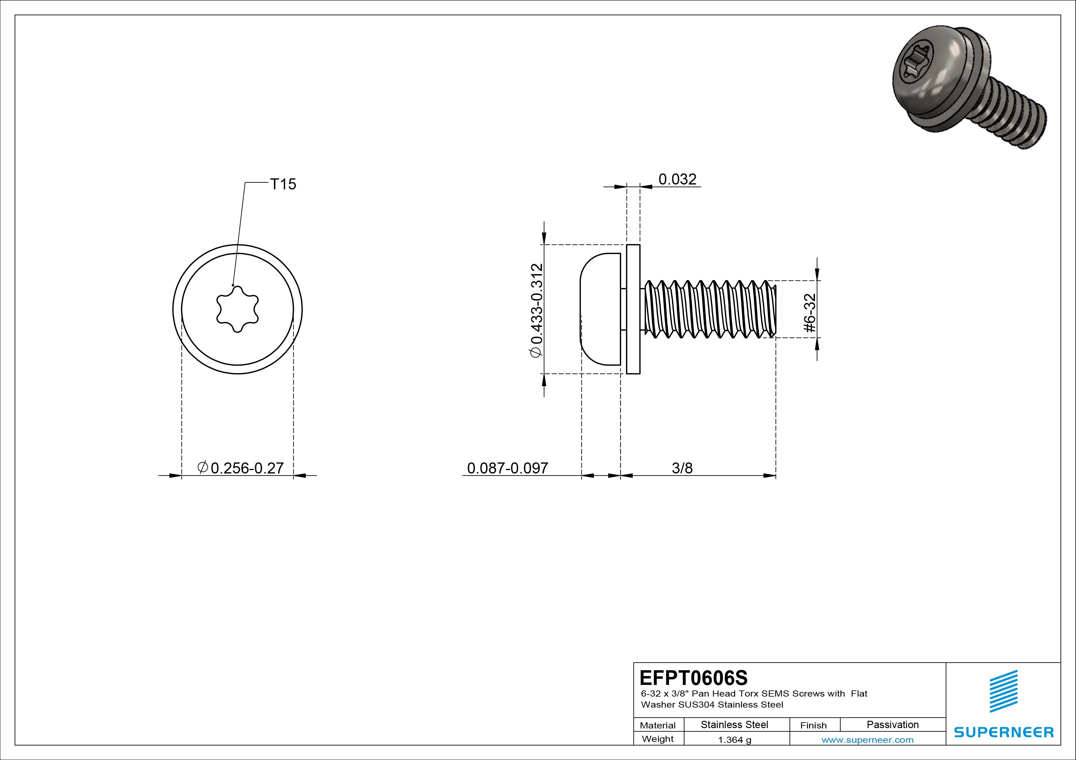 6-32 x 3/8" Pan Head Torx SEMS Screws with Flat Washer SUS304 Stainless Steel Inox