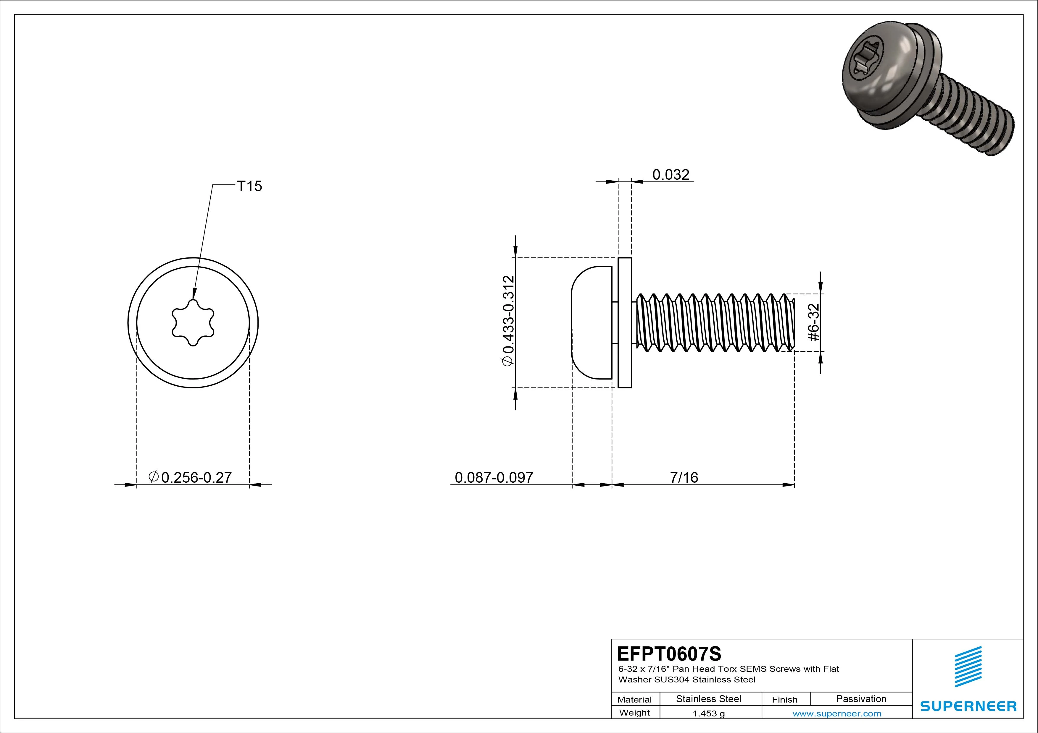 6-32 x 7/16" Pan Head Torx SEMS Screws with Flat Washer SUS304 Stainless Steel Inox