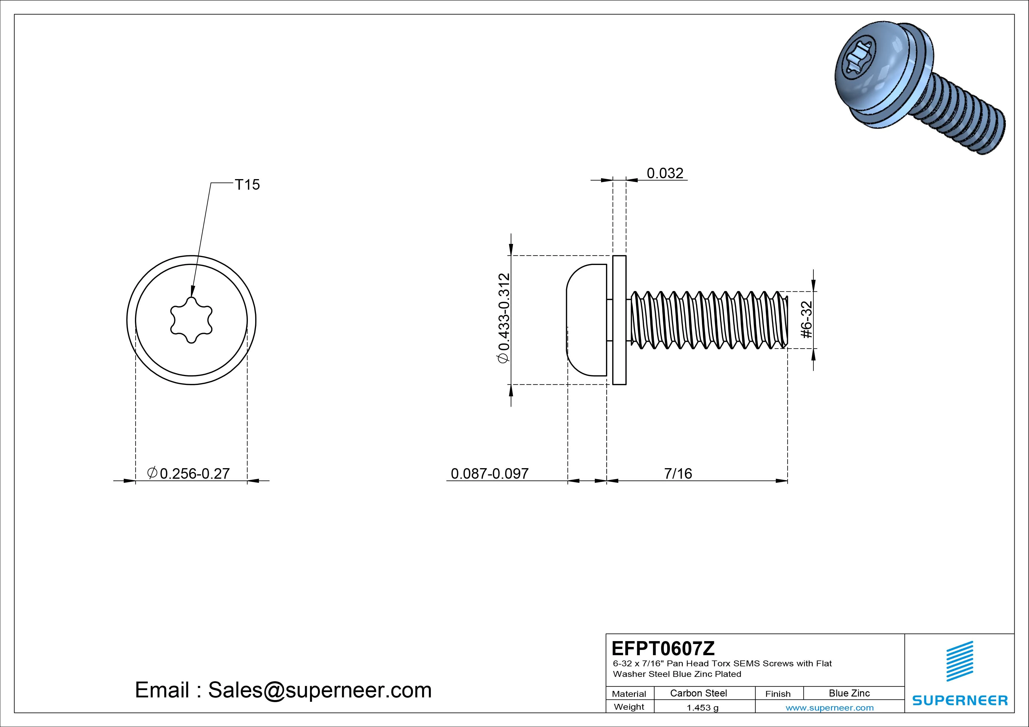 6-32 x 7/16" Pan Head Torx SEMS Screws with Flat Washer Steel Blue Zinc Plated