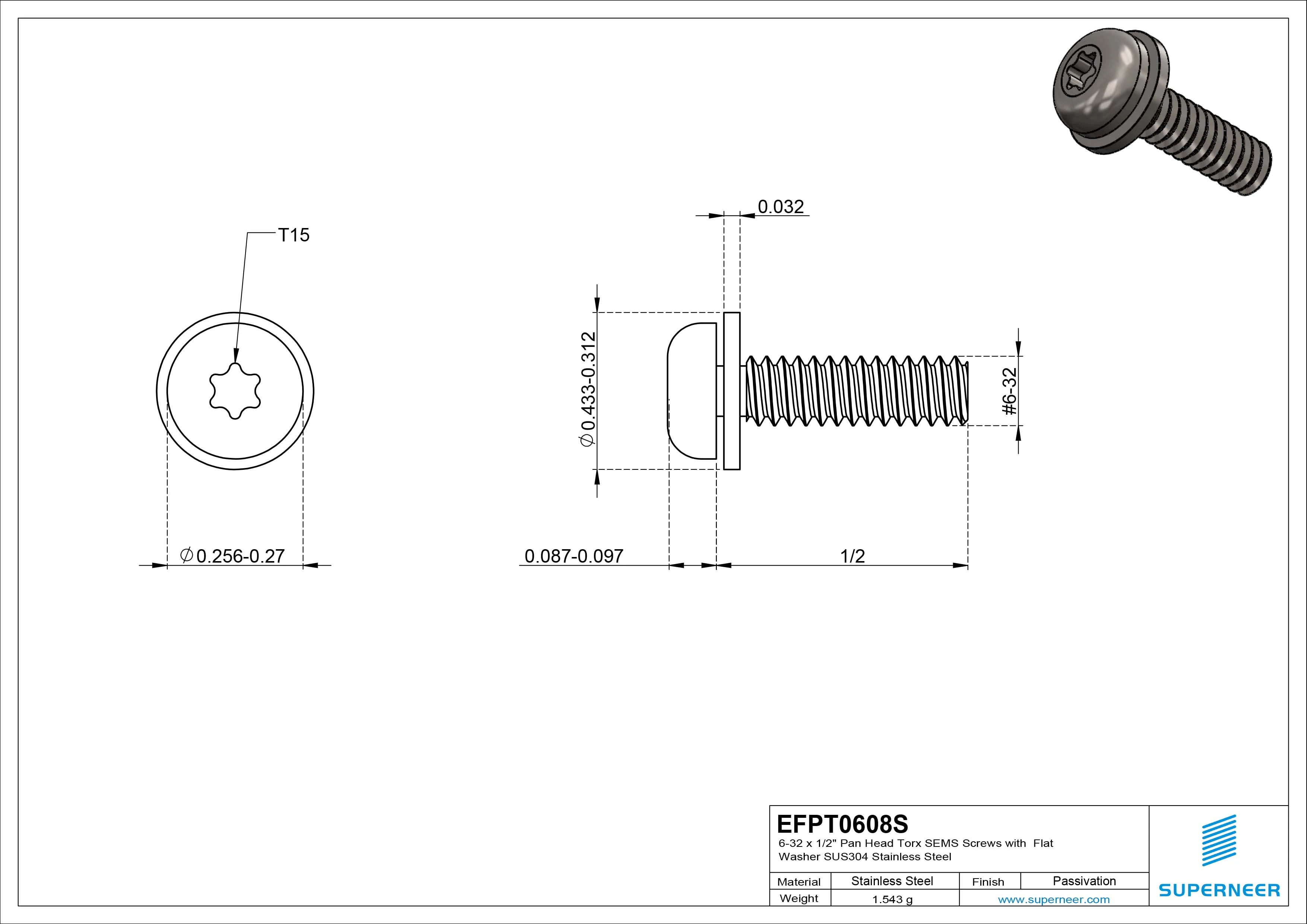 6-32 x 1/2" Pan Head Torx SEMS Screws with Flat Washer SUS304 Stainless Steel Inox