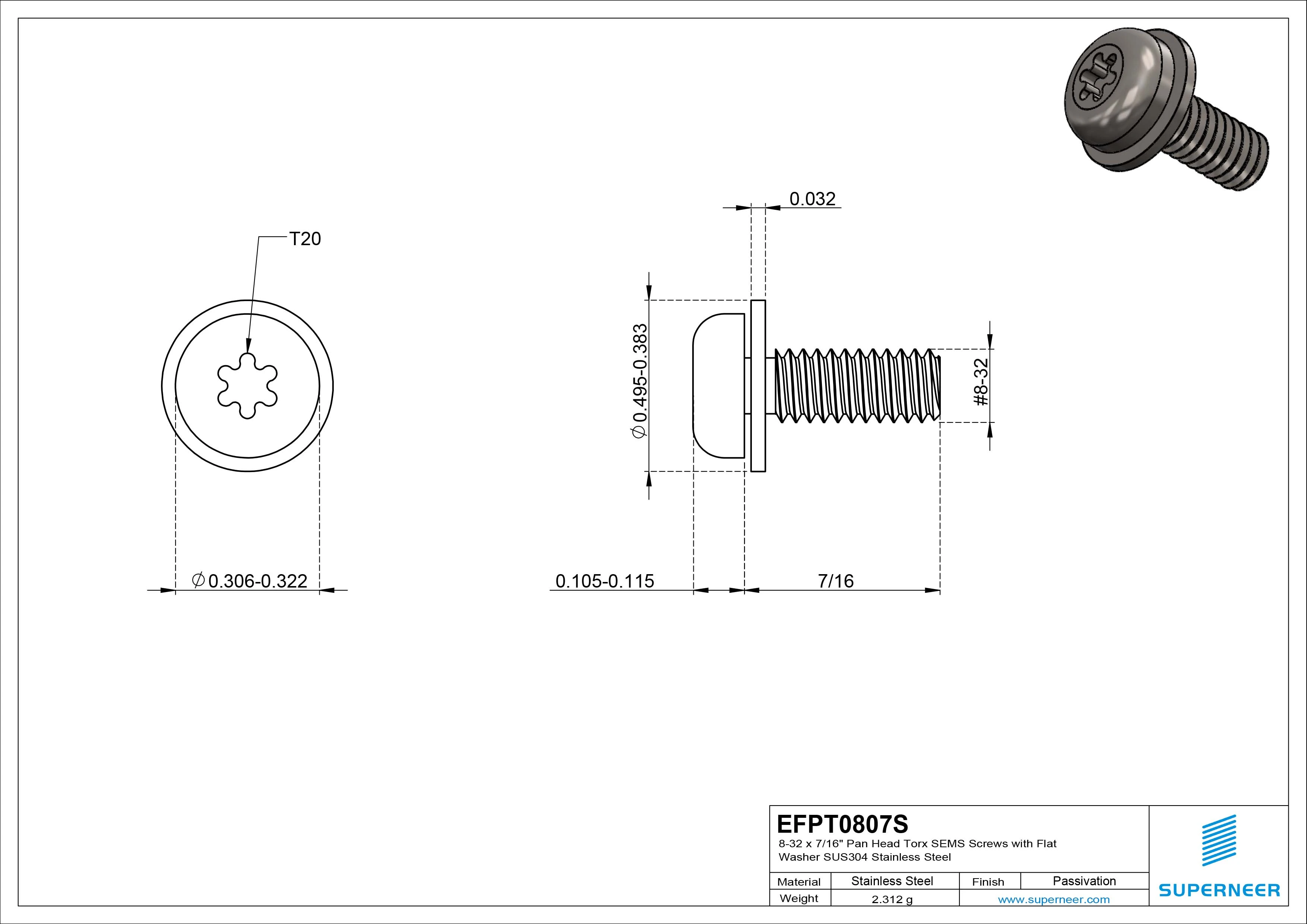 8-32 x 7/16" Pan Head Torx SEMS Screws with Flat Washer SUS304 Stainless Steel Inox