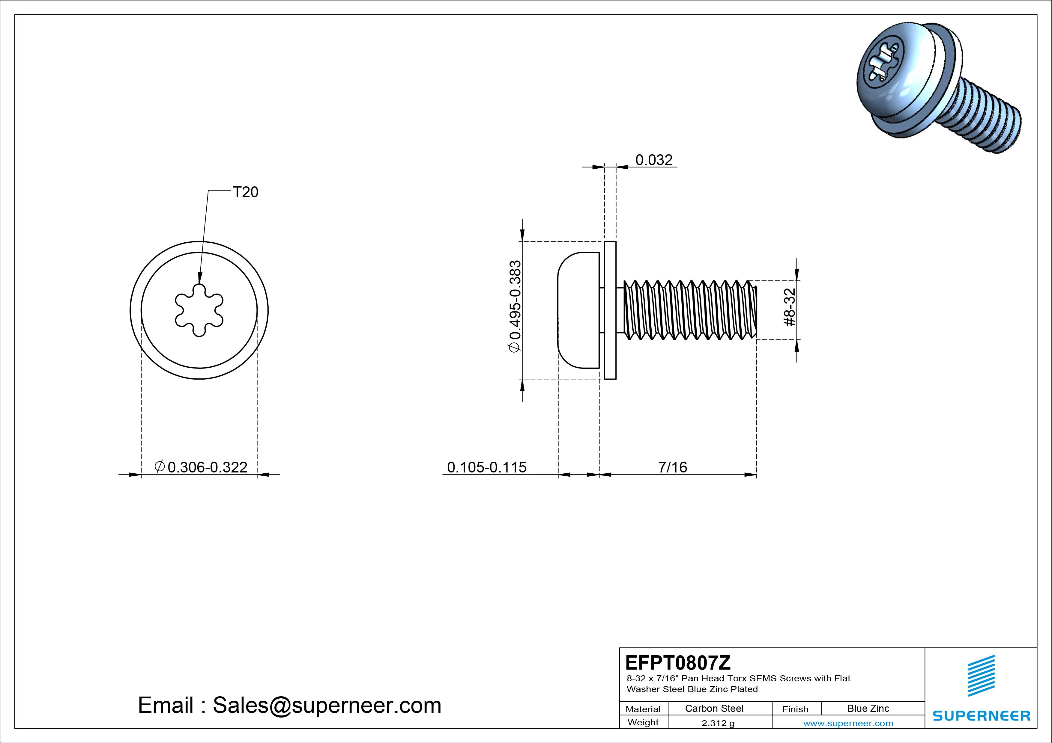 8-32 x 7/16" Pan Head Torx SEMS Screws with Flat Washer Steel Blue Zinc Plated