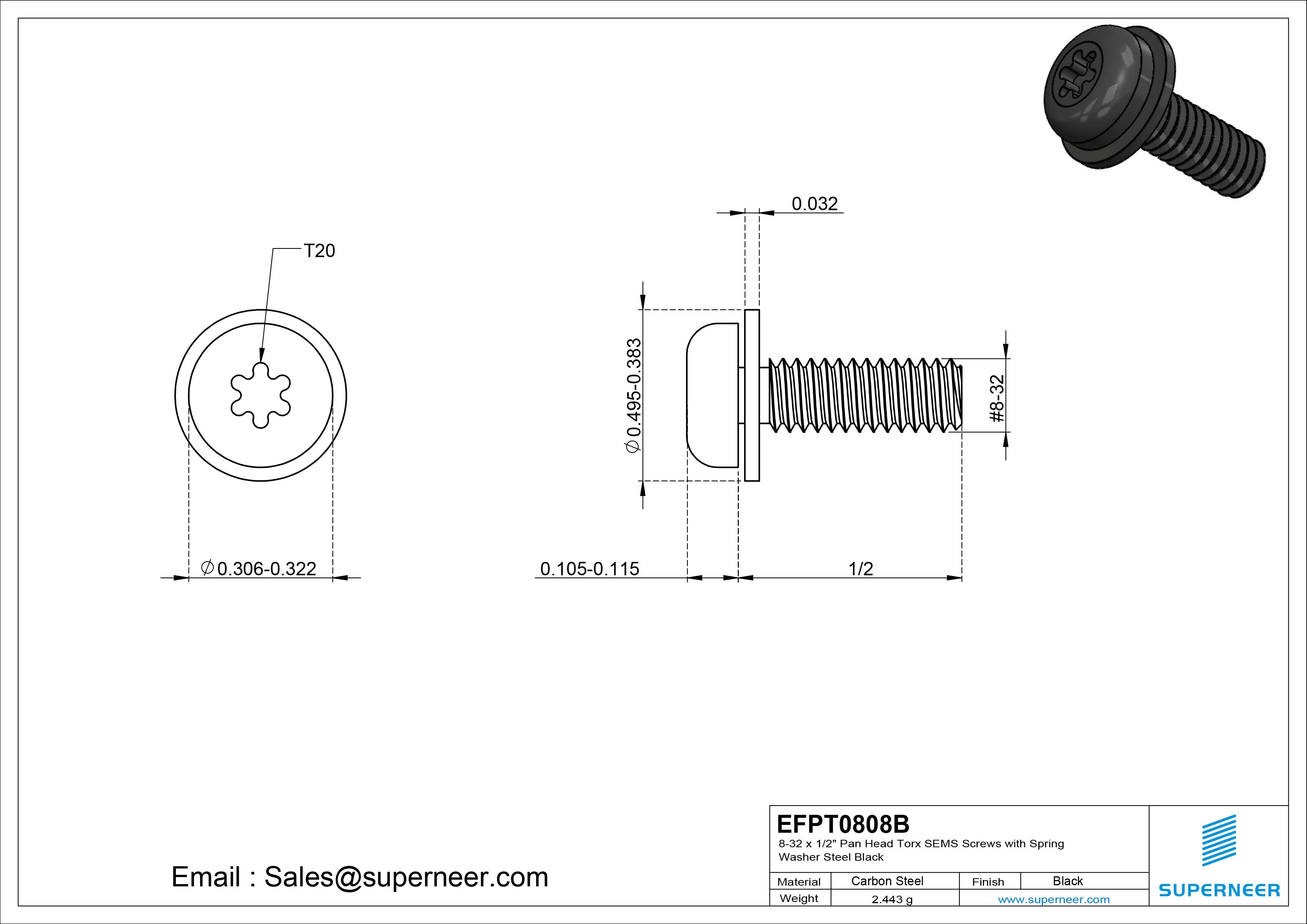 8-32 x 1/2" Pan Head Torx SEMS Screws with Flat Washer Steel Black