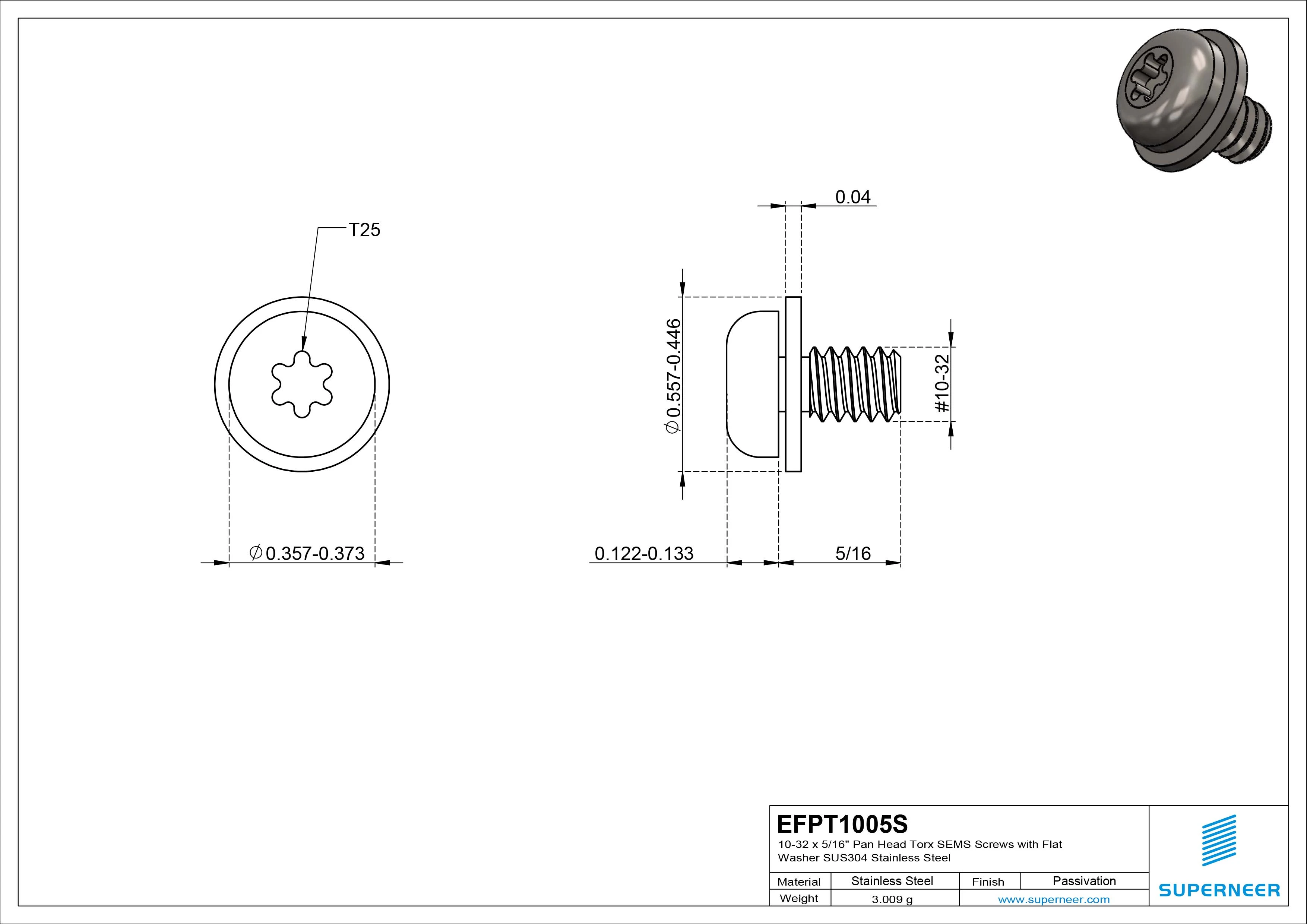 10-32 x 5/16" Pan Head Torx SEMS Screws with Flat Washer SUS304 Stainless Steel Inox