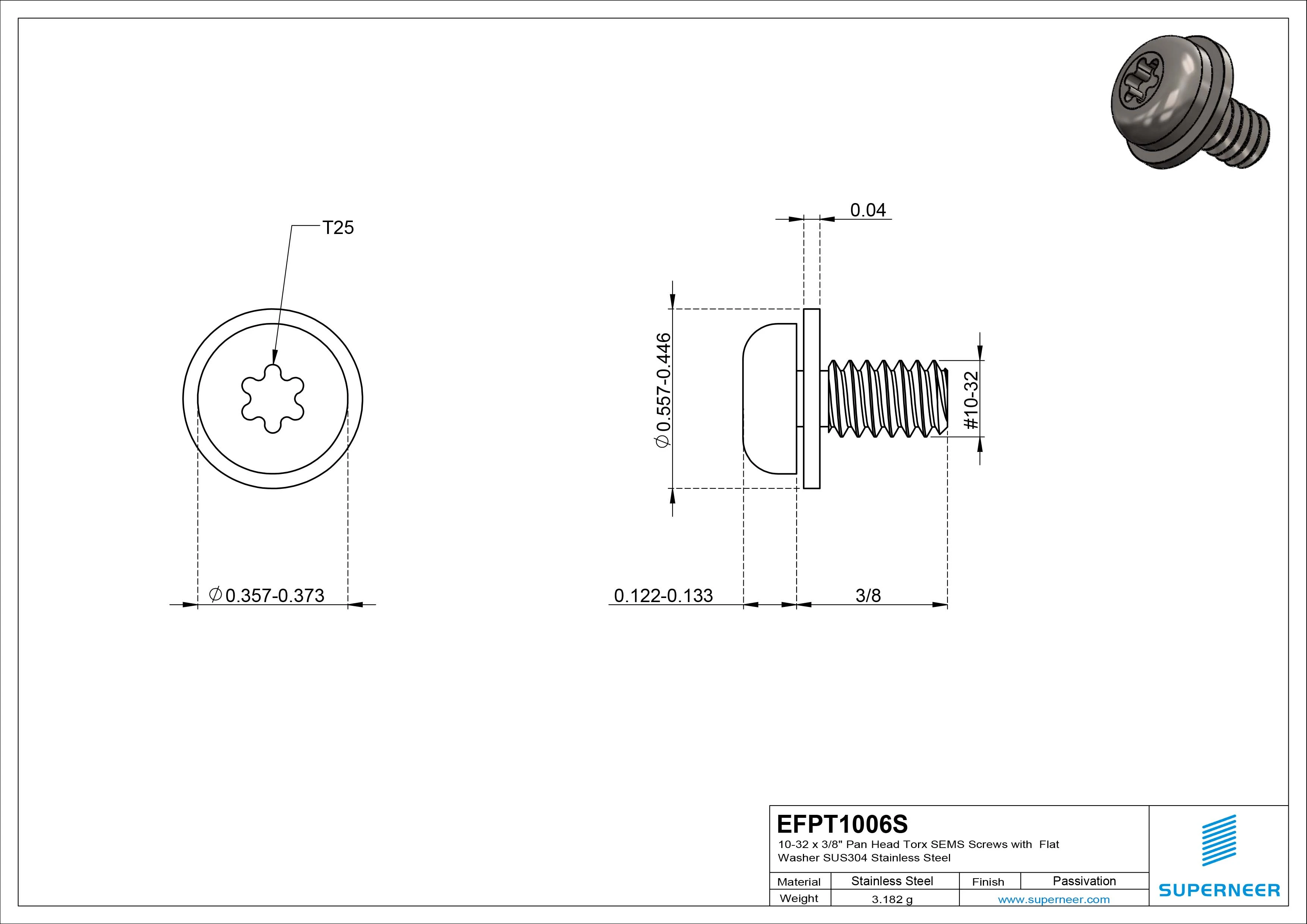 10-32 x 3/8" Pan Head Torx SEMS Screws with Flat Washer SUS304 Stainless Steel Inox