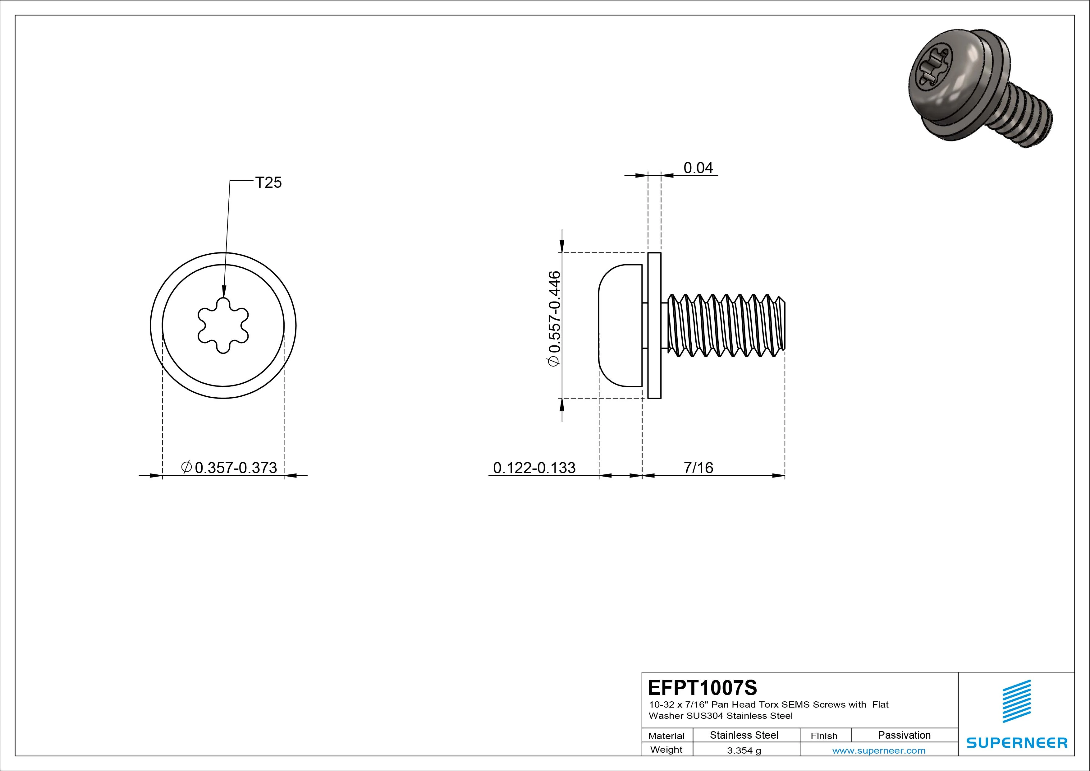 10-32 x 7/16" Pan Head Torx SEMS Screws with Flat Washer SUS304 Stainless Steel Inox