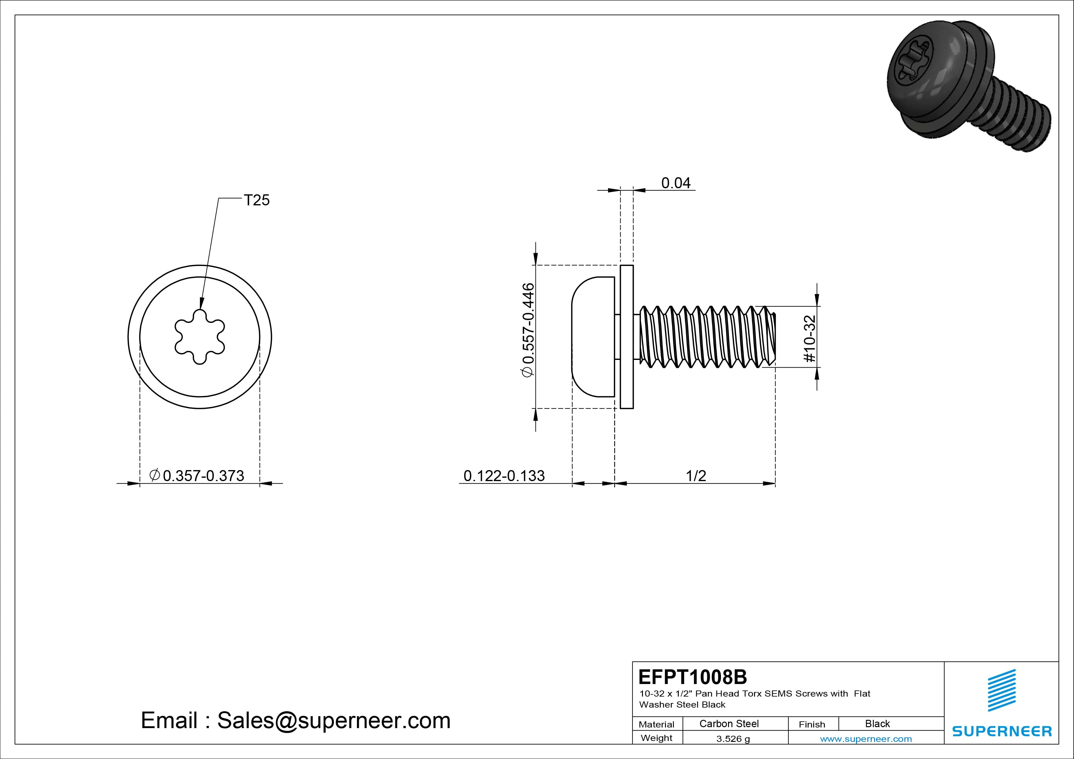 10-32 x 1/2" Pan Head Torx SEMS Screws with Flat Washer Steel Black