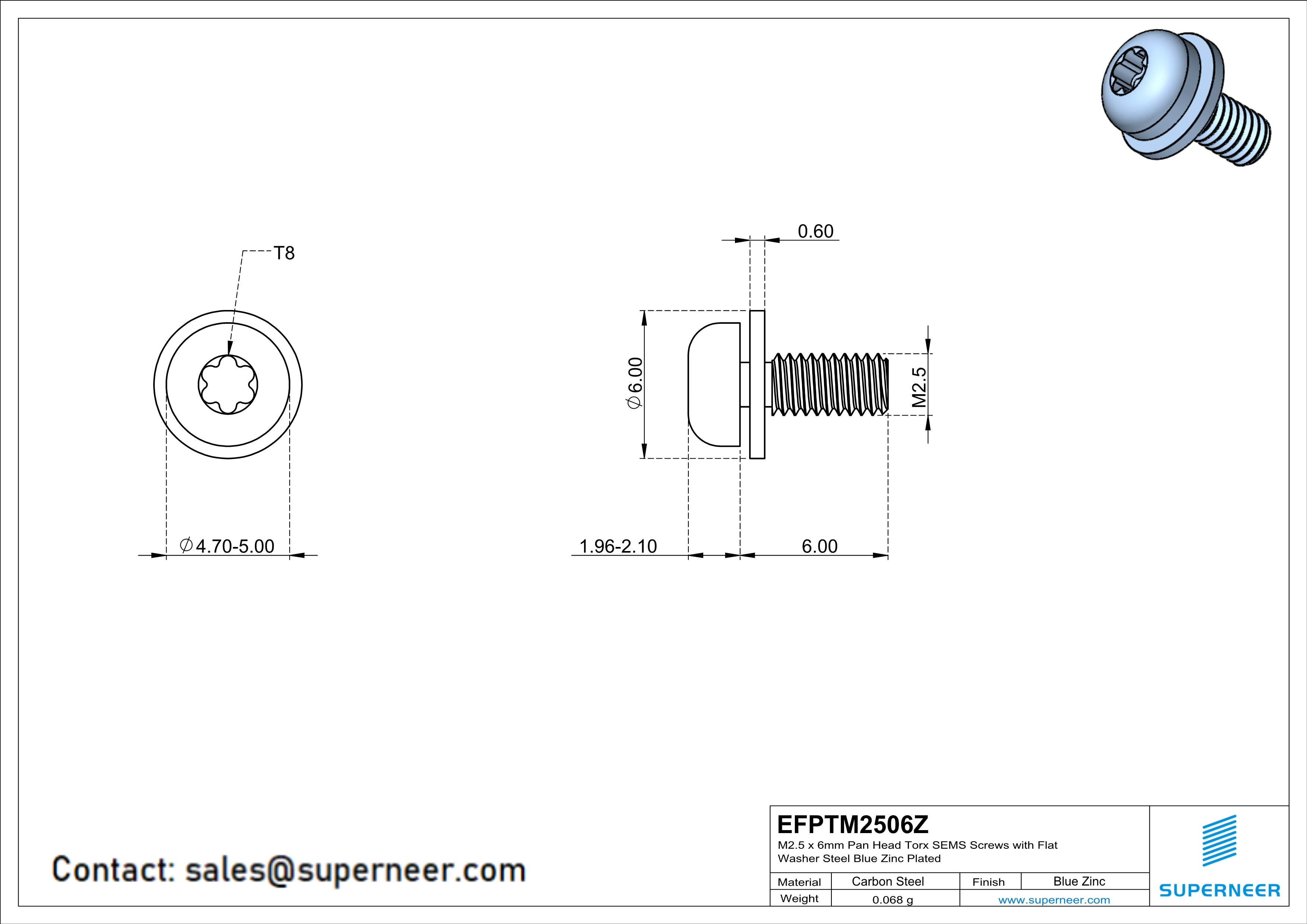 M2.5 x 6mm Pan Head Torx SEMS Screws with Flat Washer Steel Blue Zinc Plated