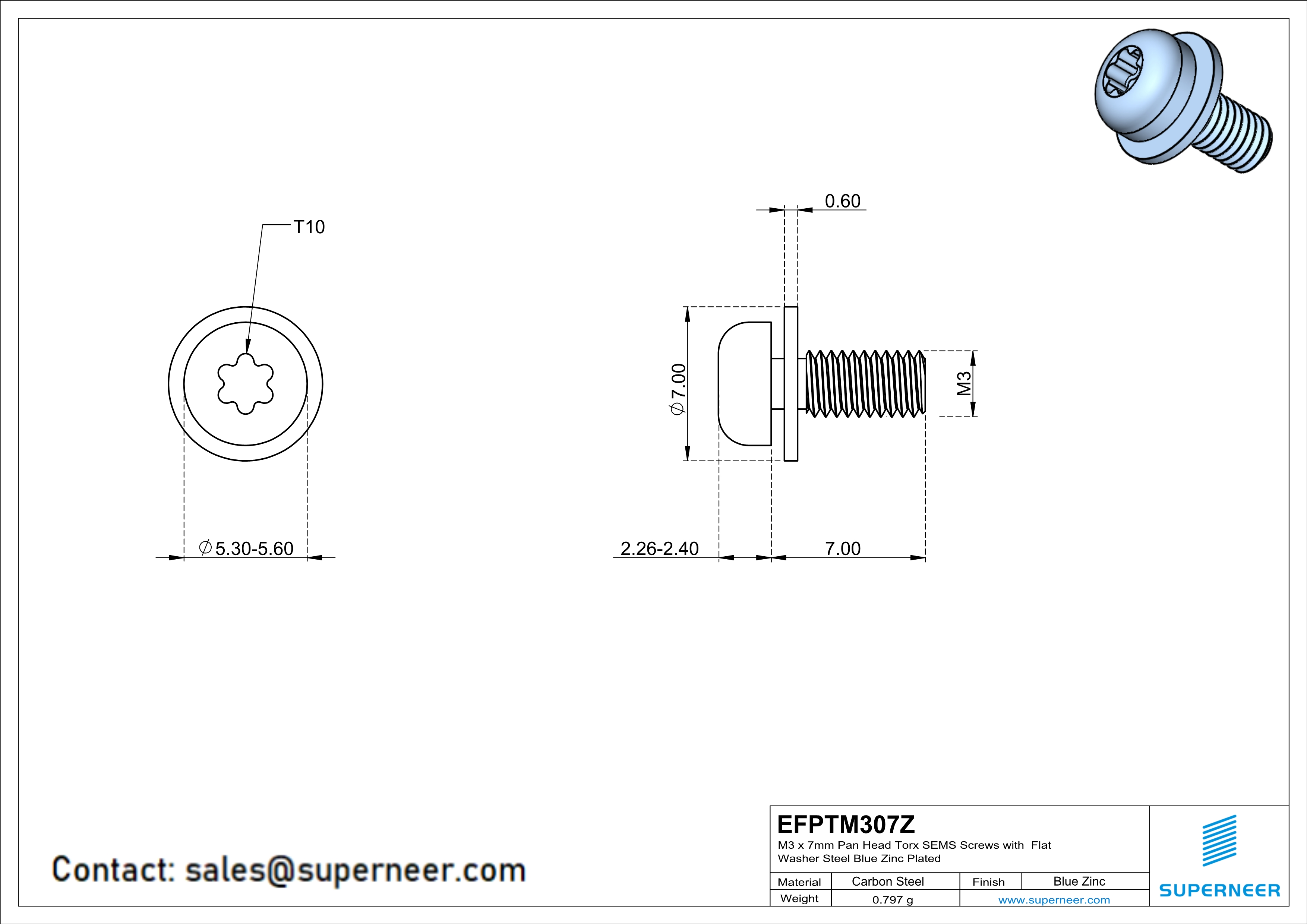 M3 x 7mm Pan Head Torx SEMS Screws with Flat Washer Steel Blue Zinc Plated