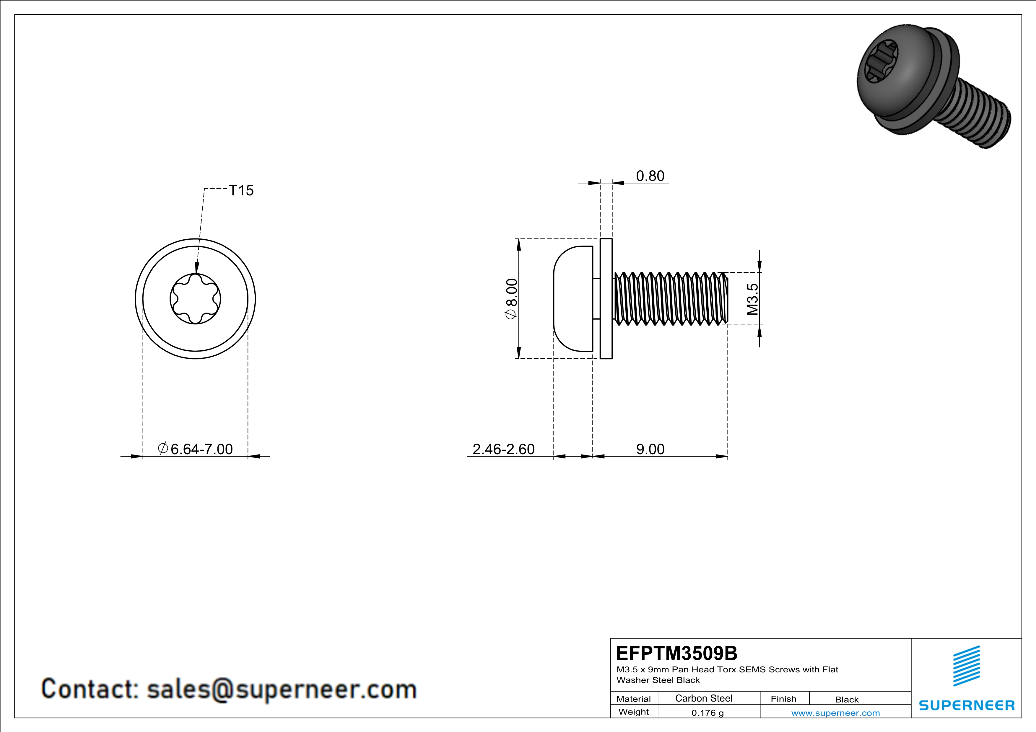 M3.5 x 9mm Pan Head Torx SEMS Screws with Flat Washer Steel Black