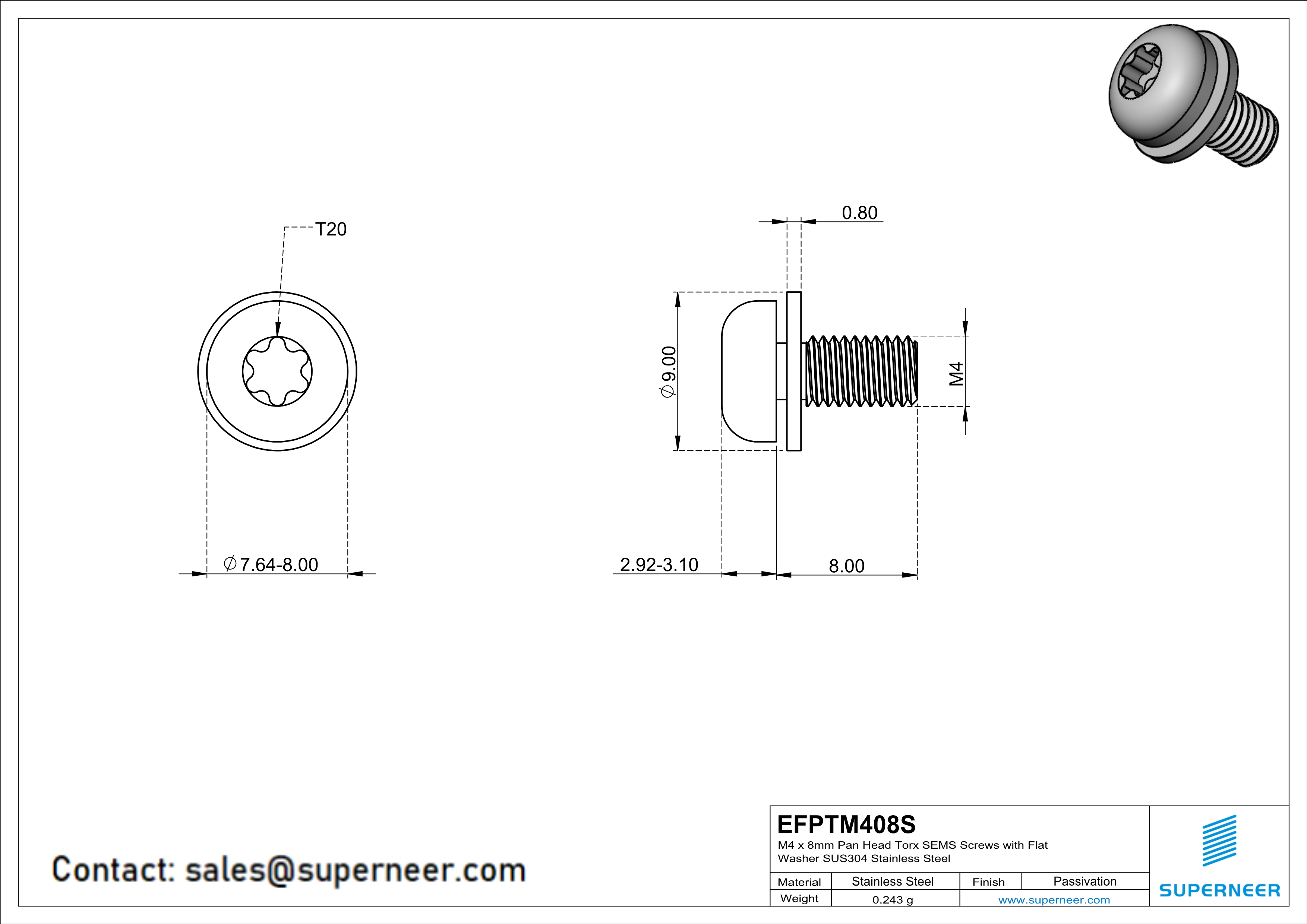 M4 x 8mm Pan Head Torx SEMS Screws with Flat Washer SUS304 Stainless Steel Inox