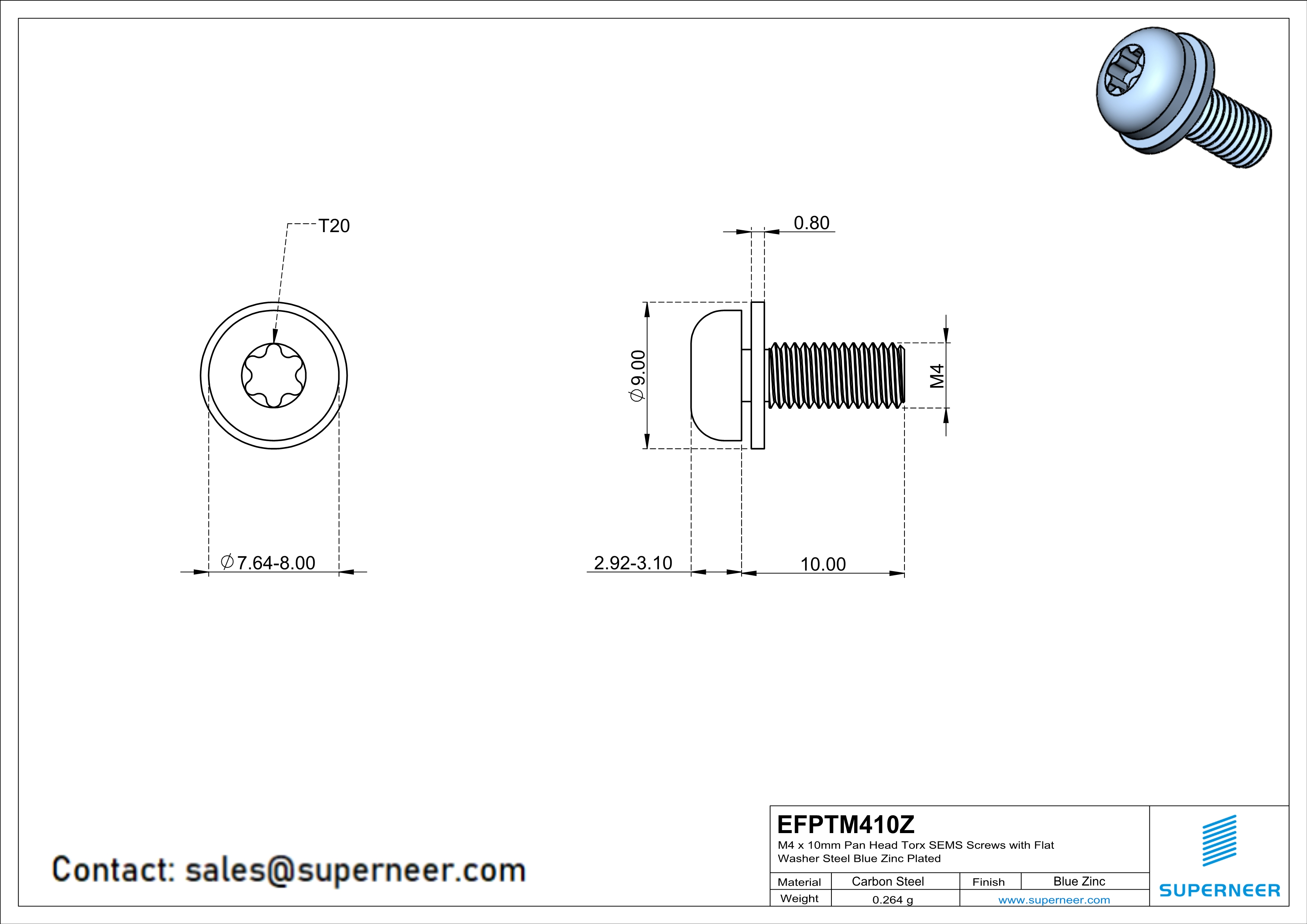 M4 x 10mm Pan Head Torx SEMS Screws with Flat Washer Steel Blue Zinc Plated