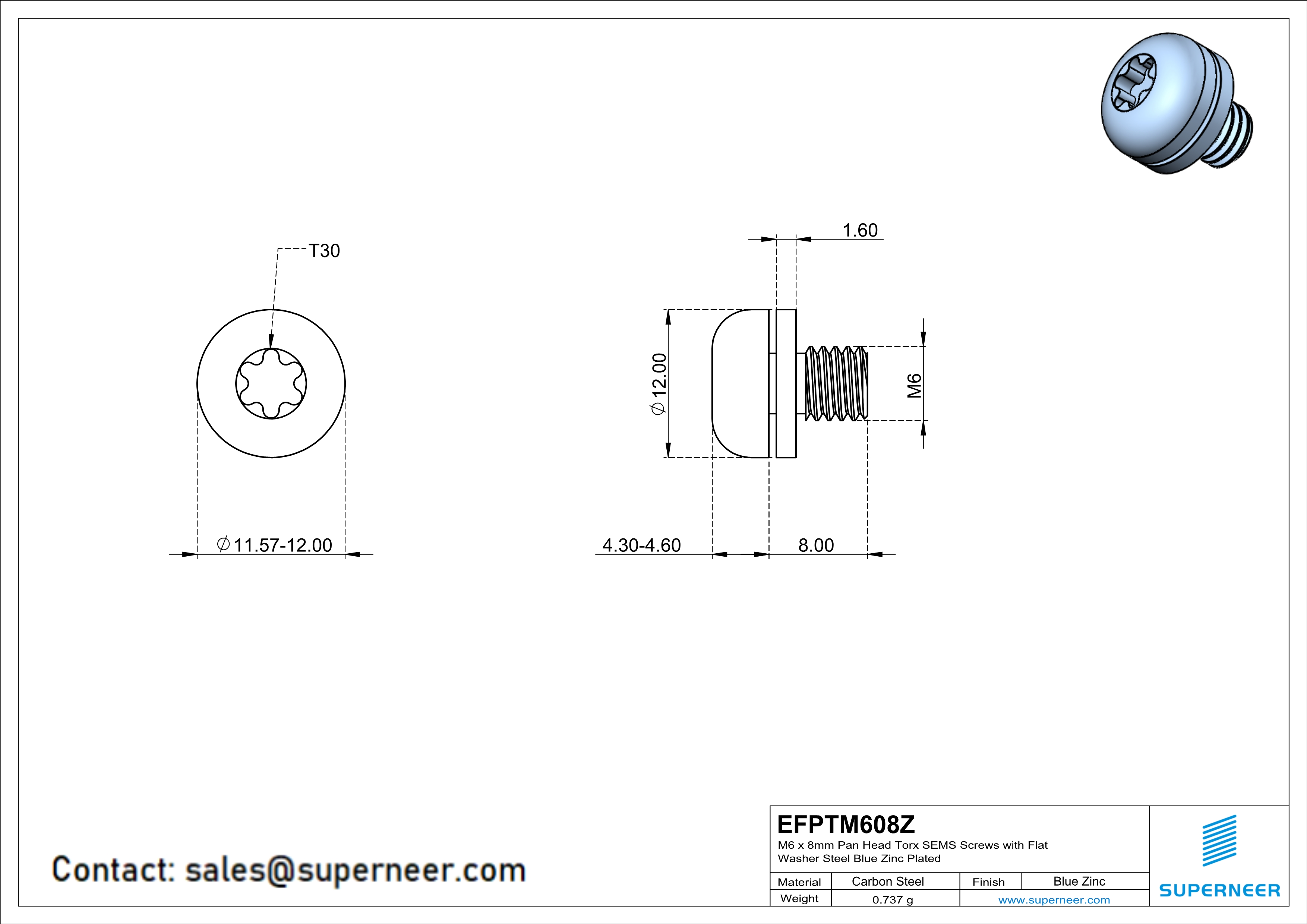 M6 x 8mm Pan Head Torx SEMS Screws with Flat Washer Steel Blue Zinc Plated