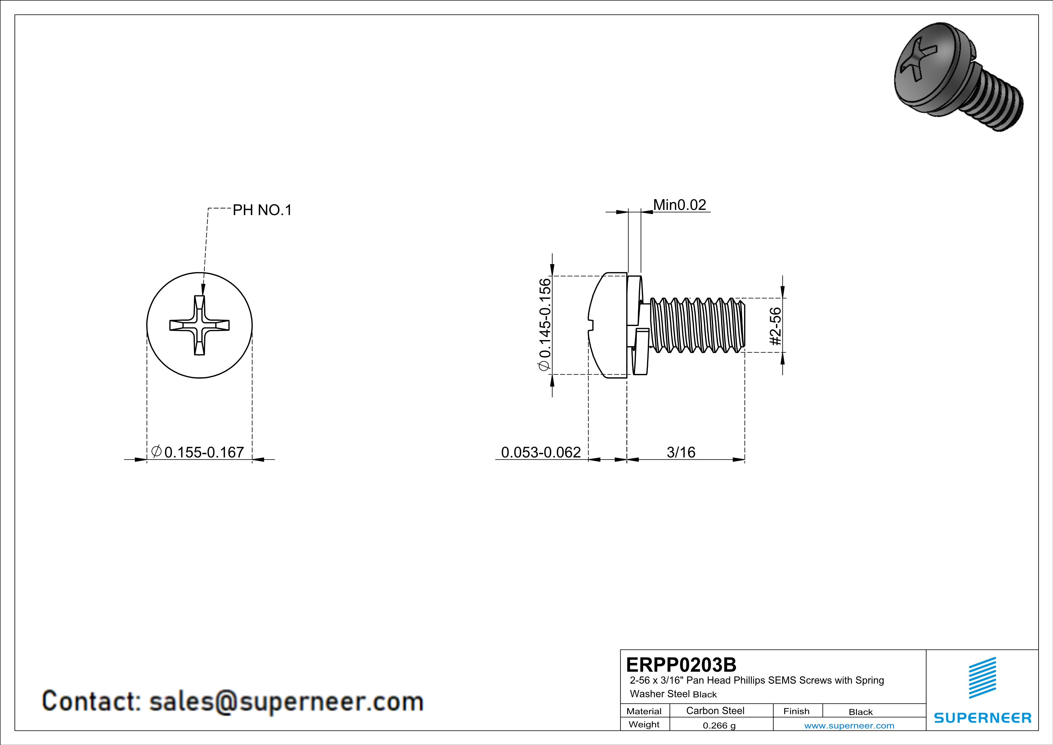 2-56 x 3/16" Pan Head Phillips SEMS Screws with Spring Washer Steel Black