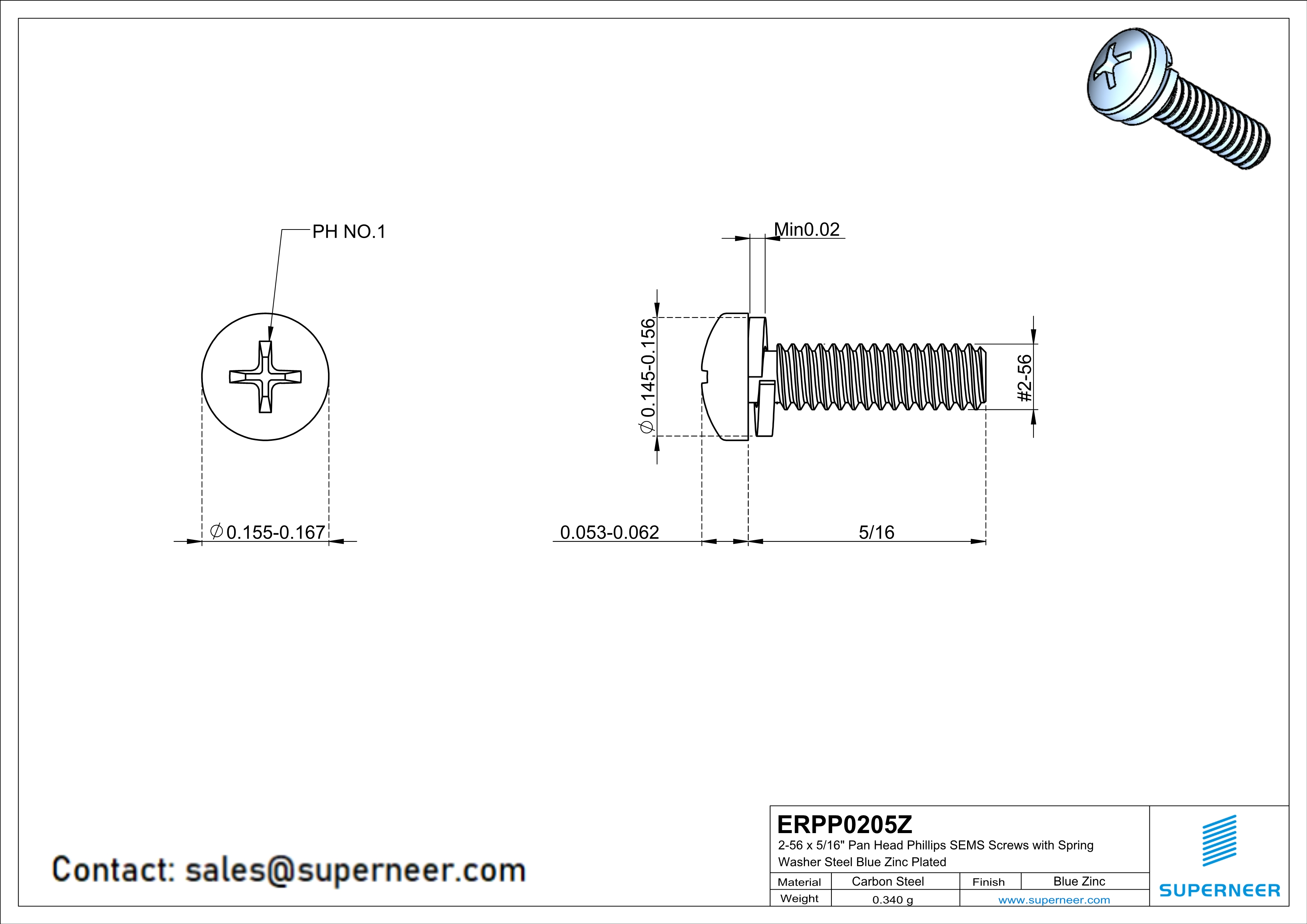 2-56 x 5/16" Pan Head Phillips SEMS Screws with Spring Washer Steel Blue Zinc Plated
