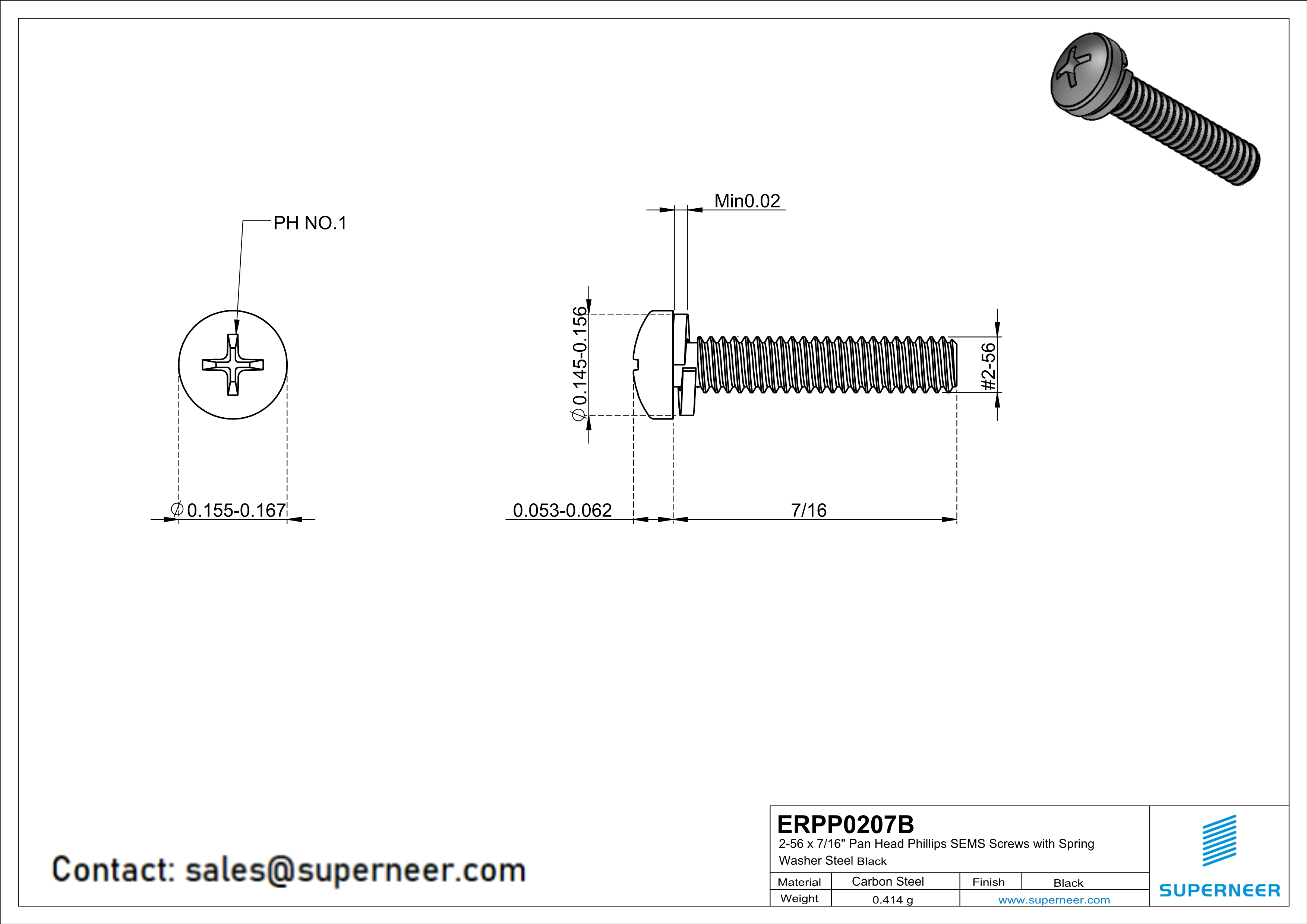 2-56 x 7/16" Pan Head Phillips SEMS Screws with Spring Washer Steel Black