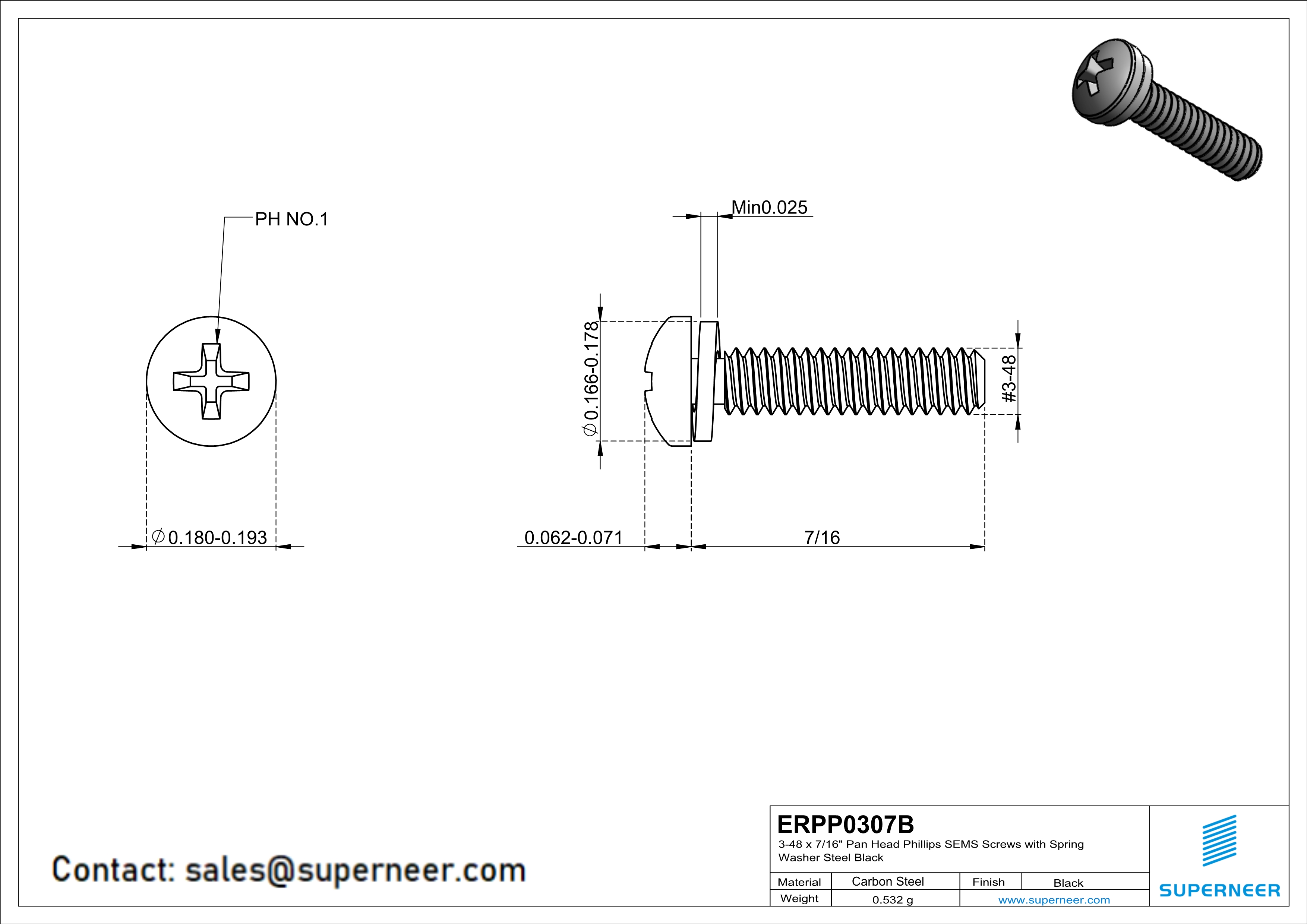 3-48 x 7/16" Pan Head Phillips SEMS Screws with Spring Washer Steel Black