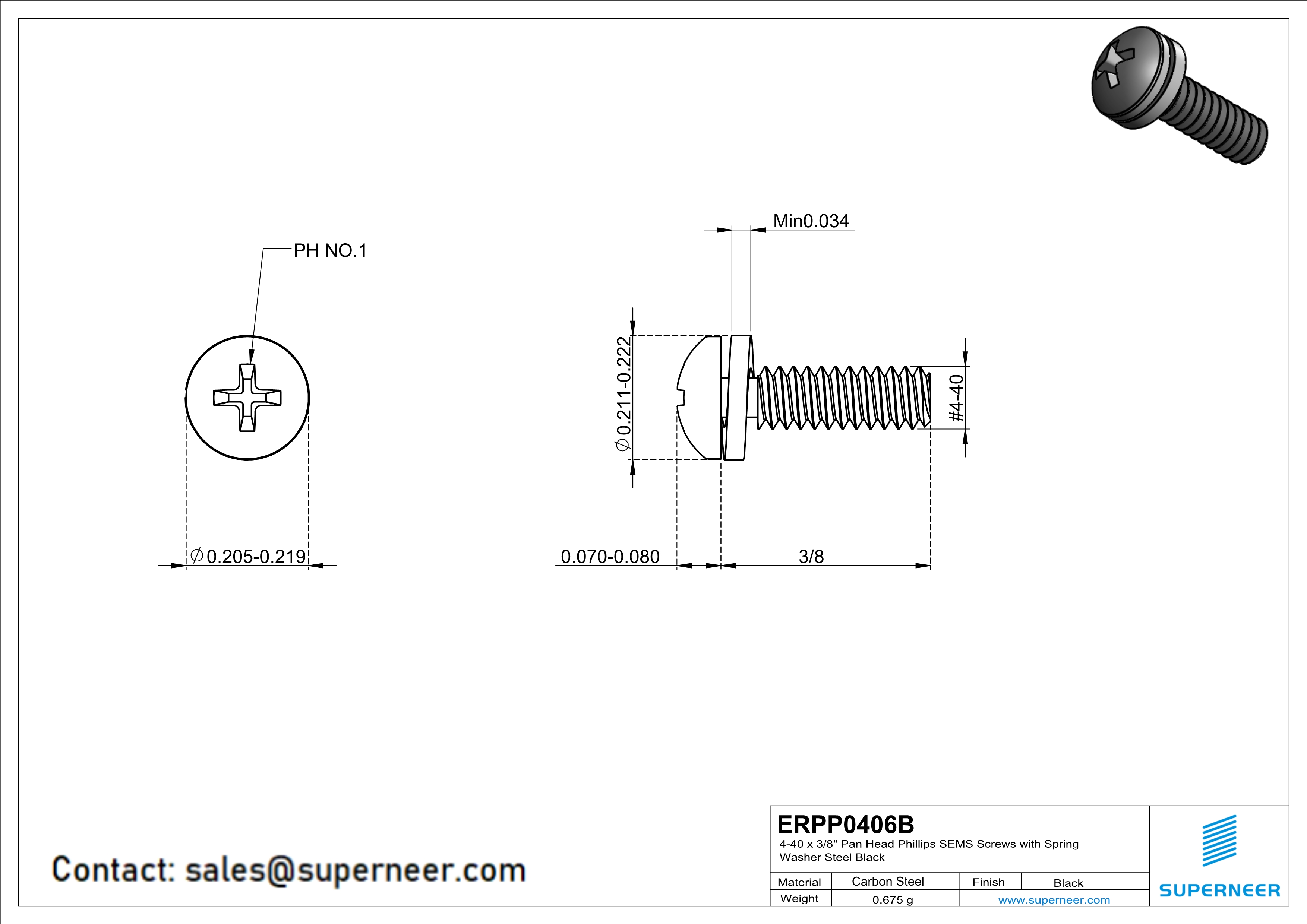 4-40 x 3/8" Pan Head Phillips SEMS Screws with Spring Washer Steel Black