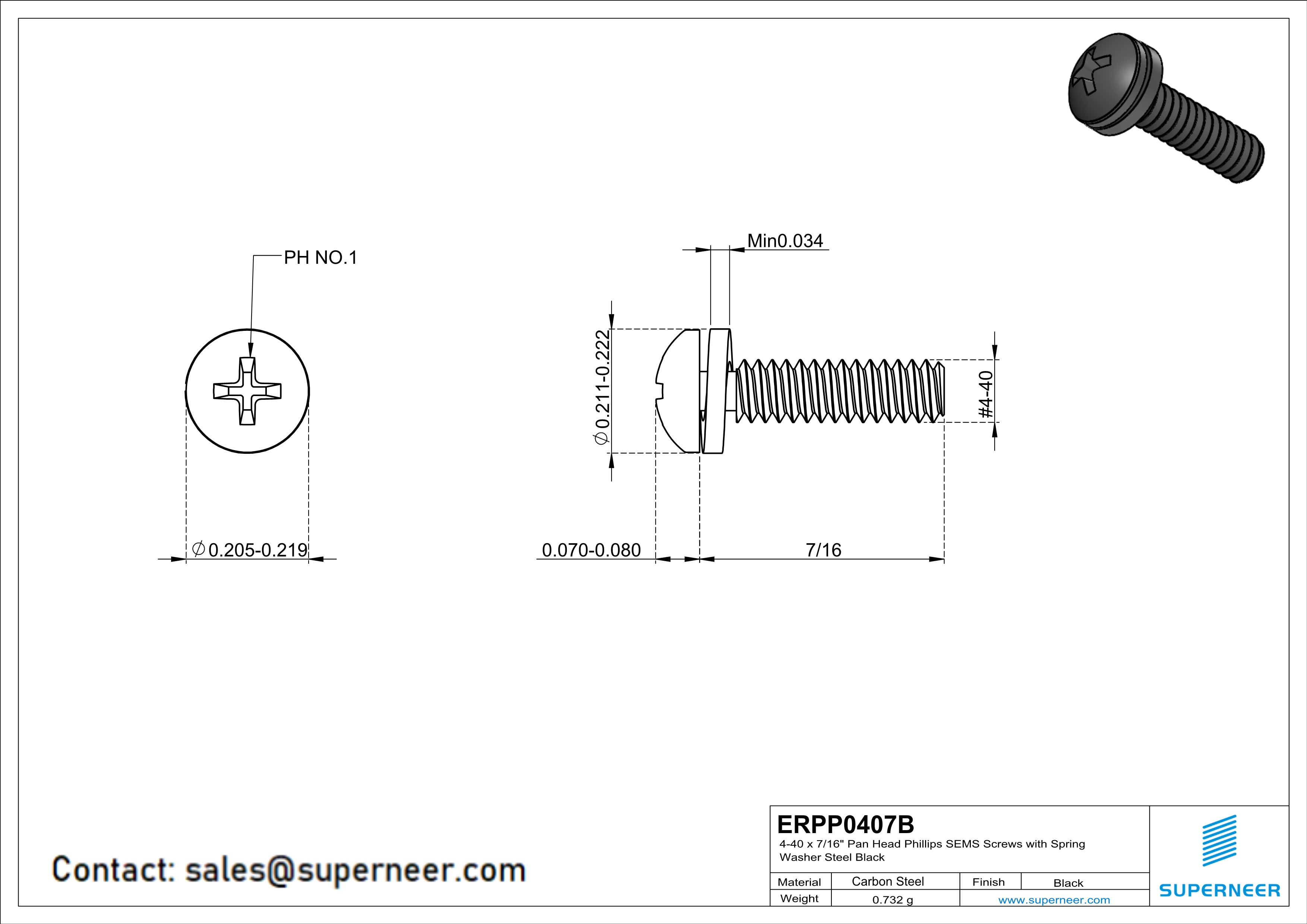 4-40 x 7/16" Pan Head Phillips SEMS Screws with Spring Washer Steel Black