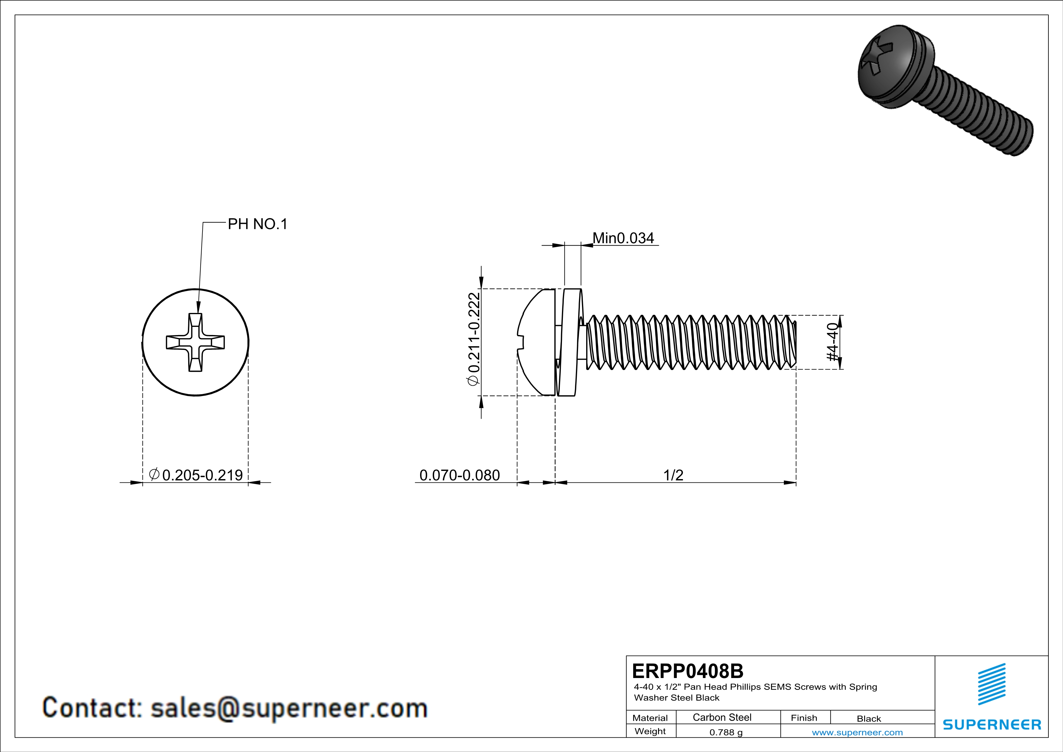 4-40 x 1/2" Pan Head Phillips SEMS Screws with Spring Washer Steel Black