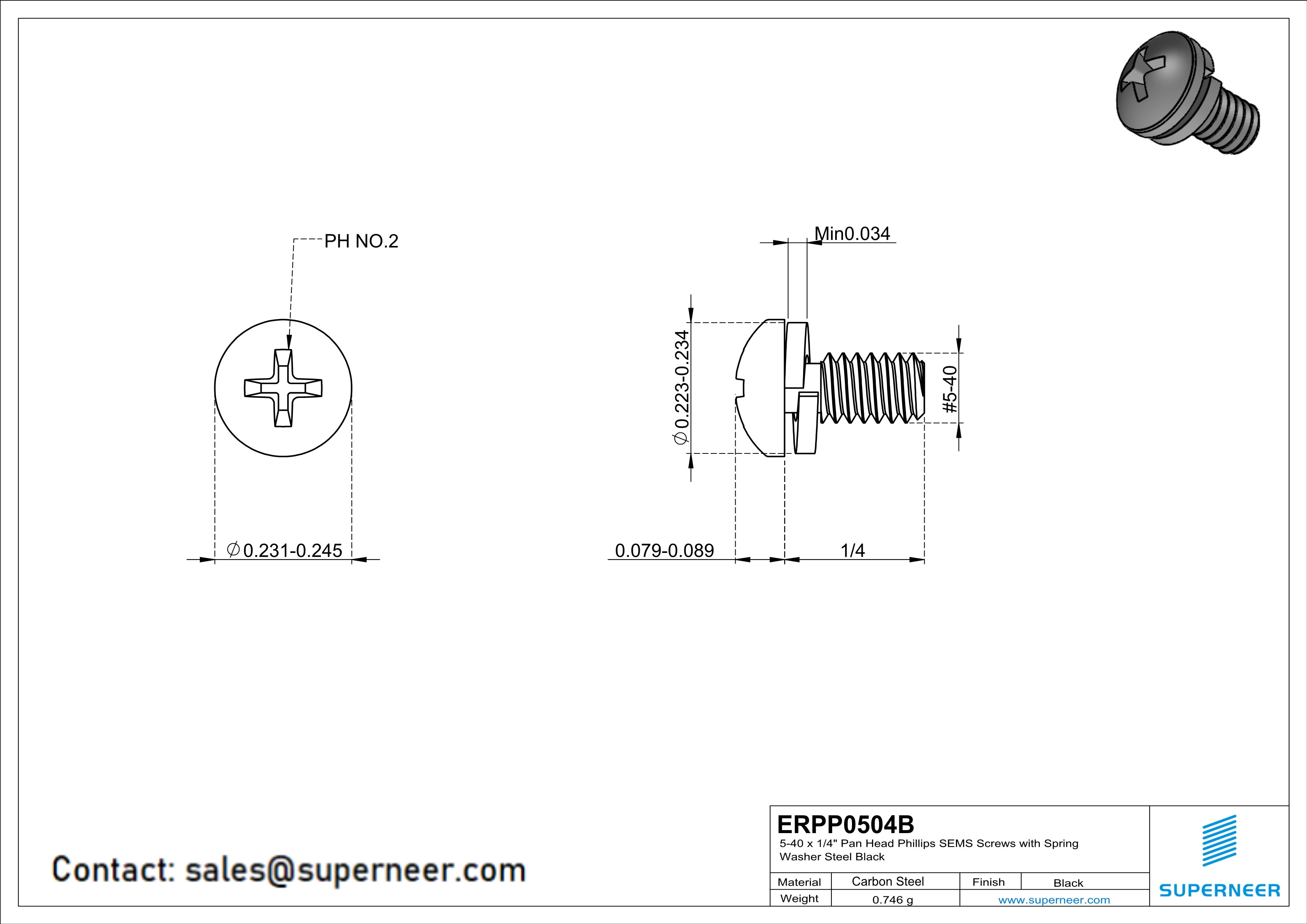 5-40 x 1/4" Pan Head Phillips SEMS Screws with Spring Washer Steel Black