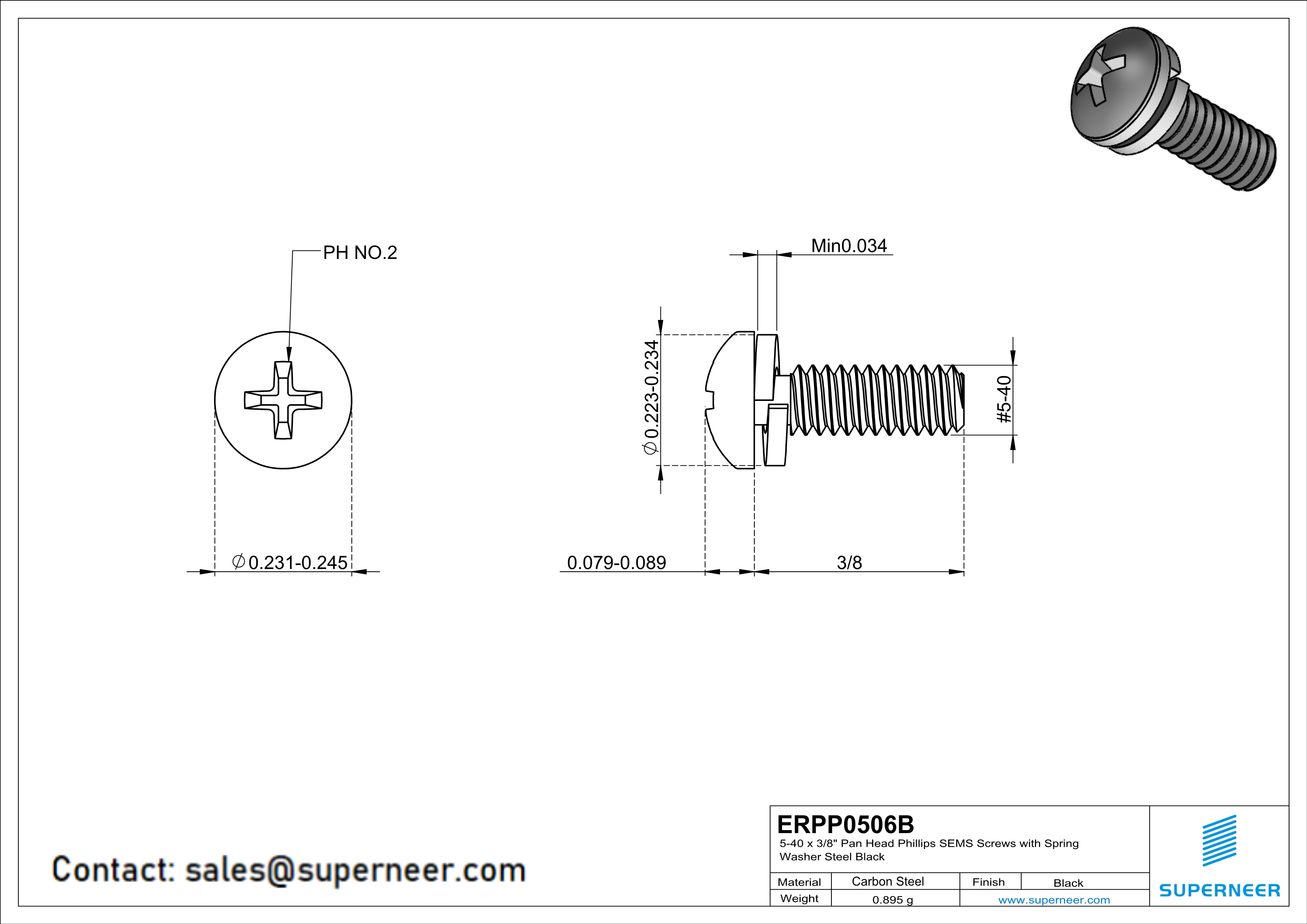 5-40 x 3/8" Pan Head Phillips SEMS Screws with Spring Washer Steel Black