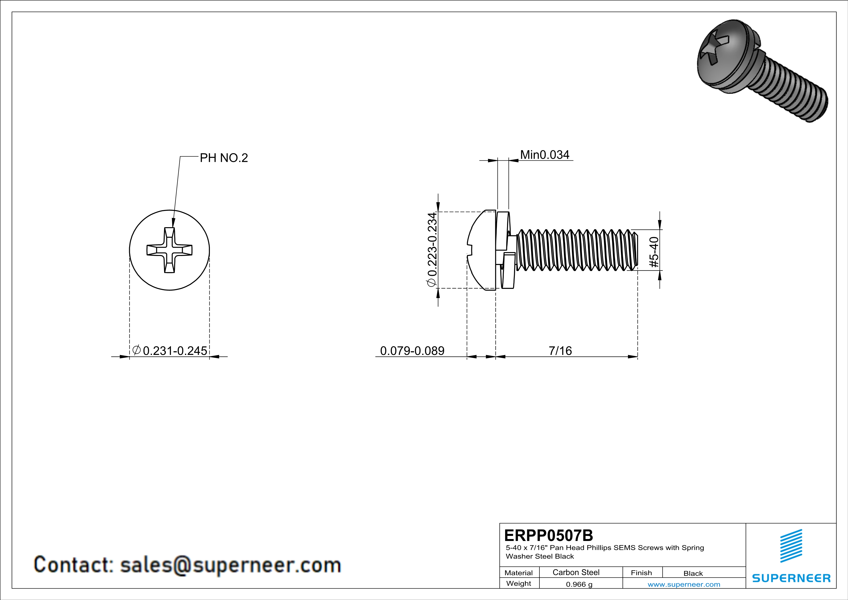 5-40 x 7/16" Pan Head Phillips SEMS Screws with Spring Washer Steel Black