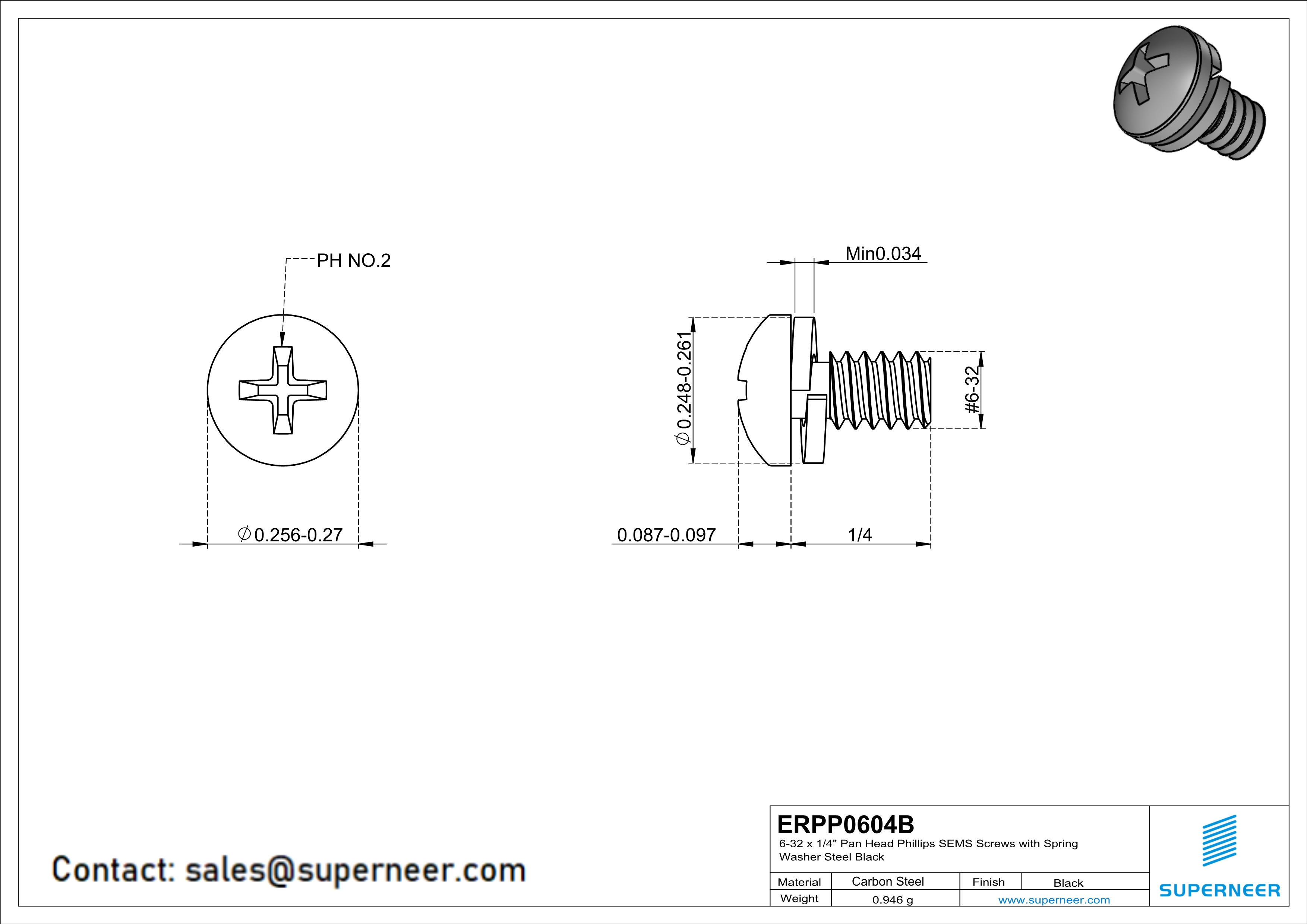 6-32 x 1/4" Pan Head Phillips SEMS Screws with Spring Washer Steel Black