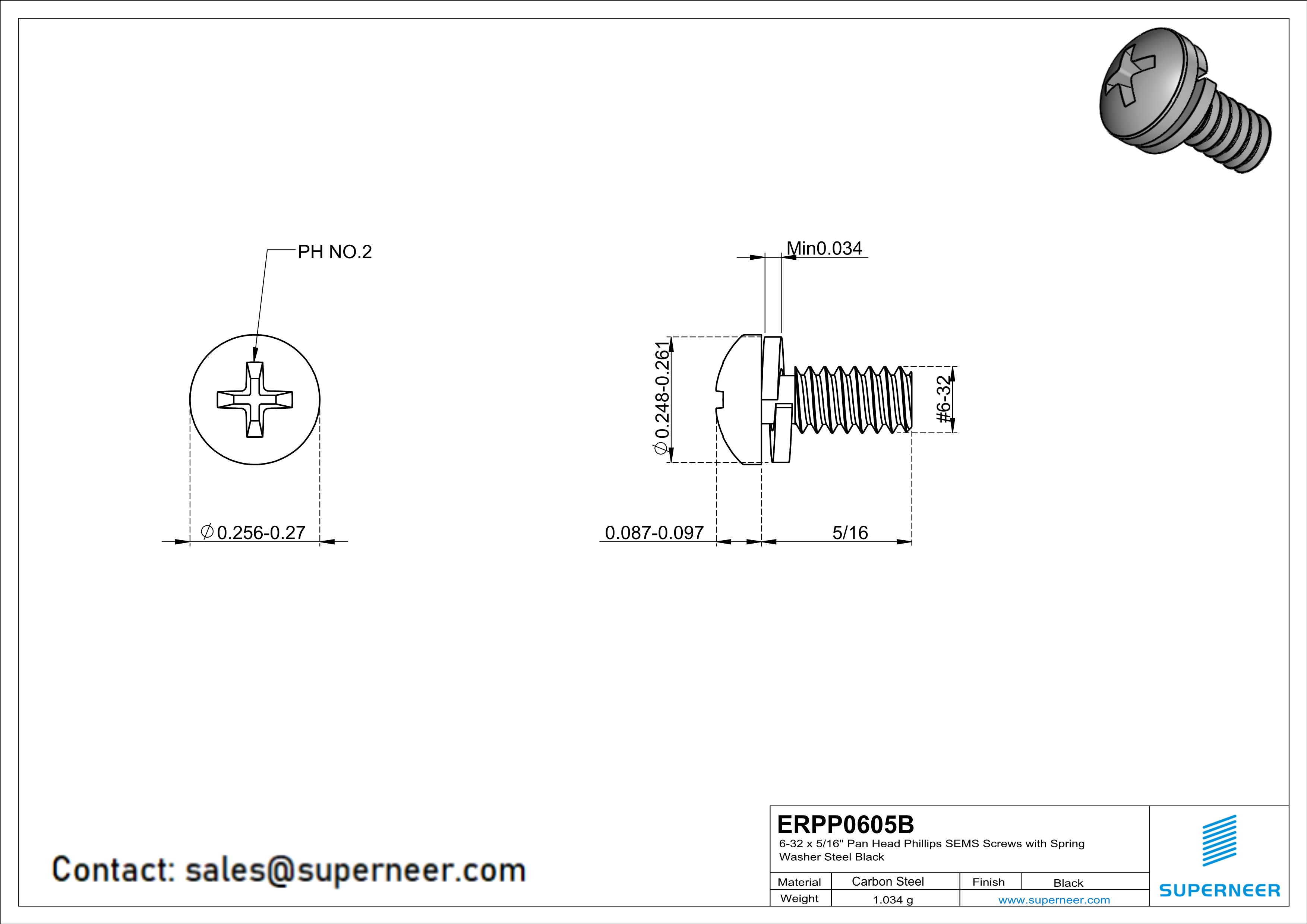 6-32 x 5/16" Pan Head Phillips SEMS Screws with Spring Washer Steel Black