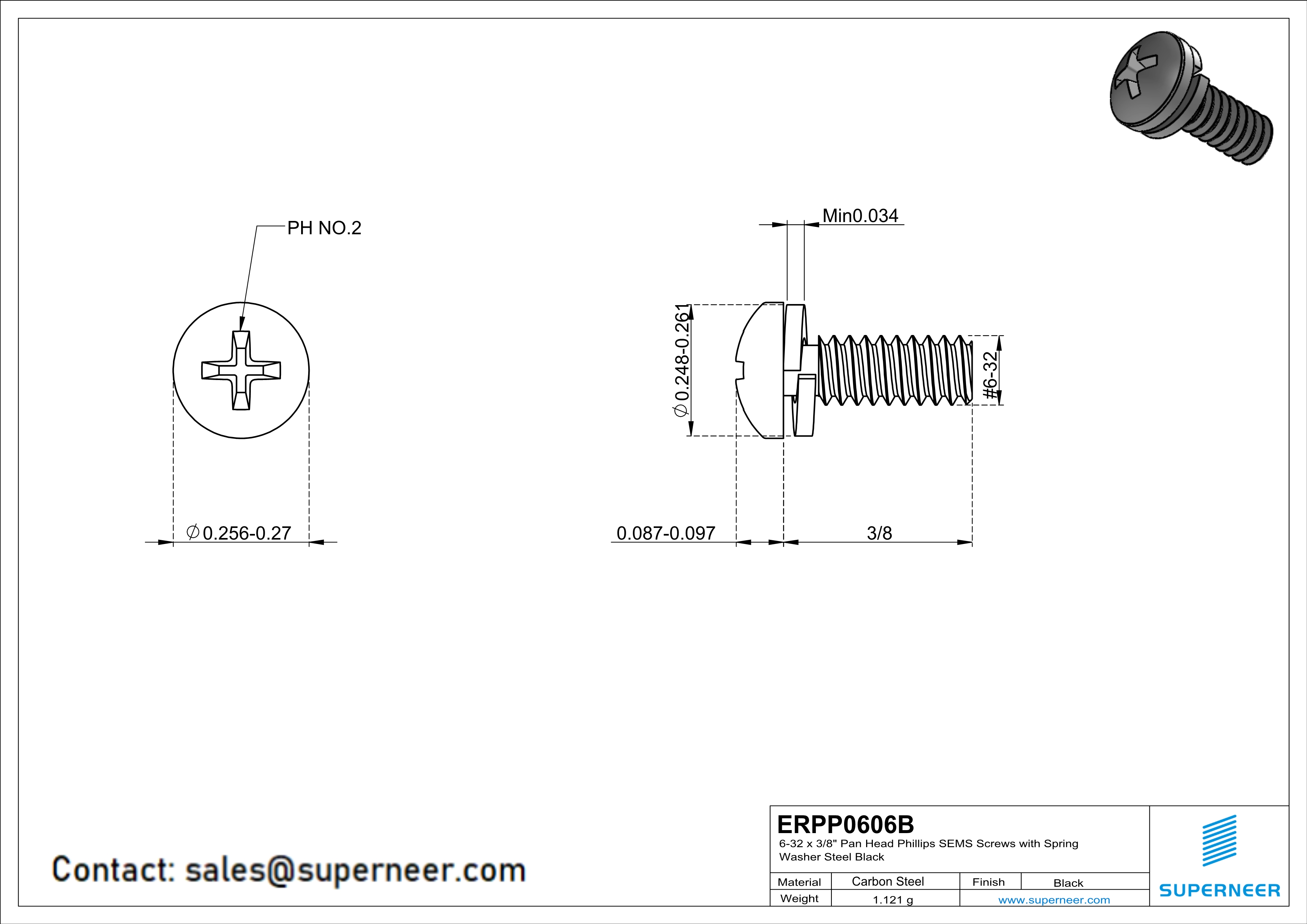 6-32 x 3/8" Pan Head Phillips SEMS Screws with Spring Washer Steel Black