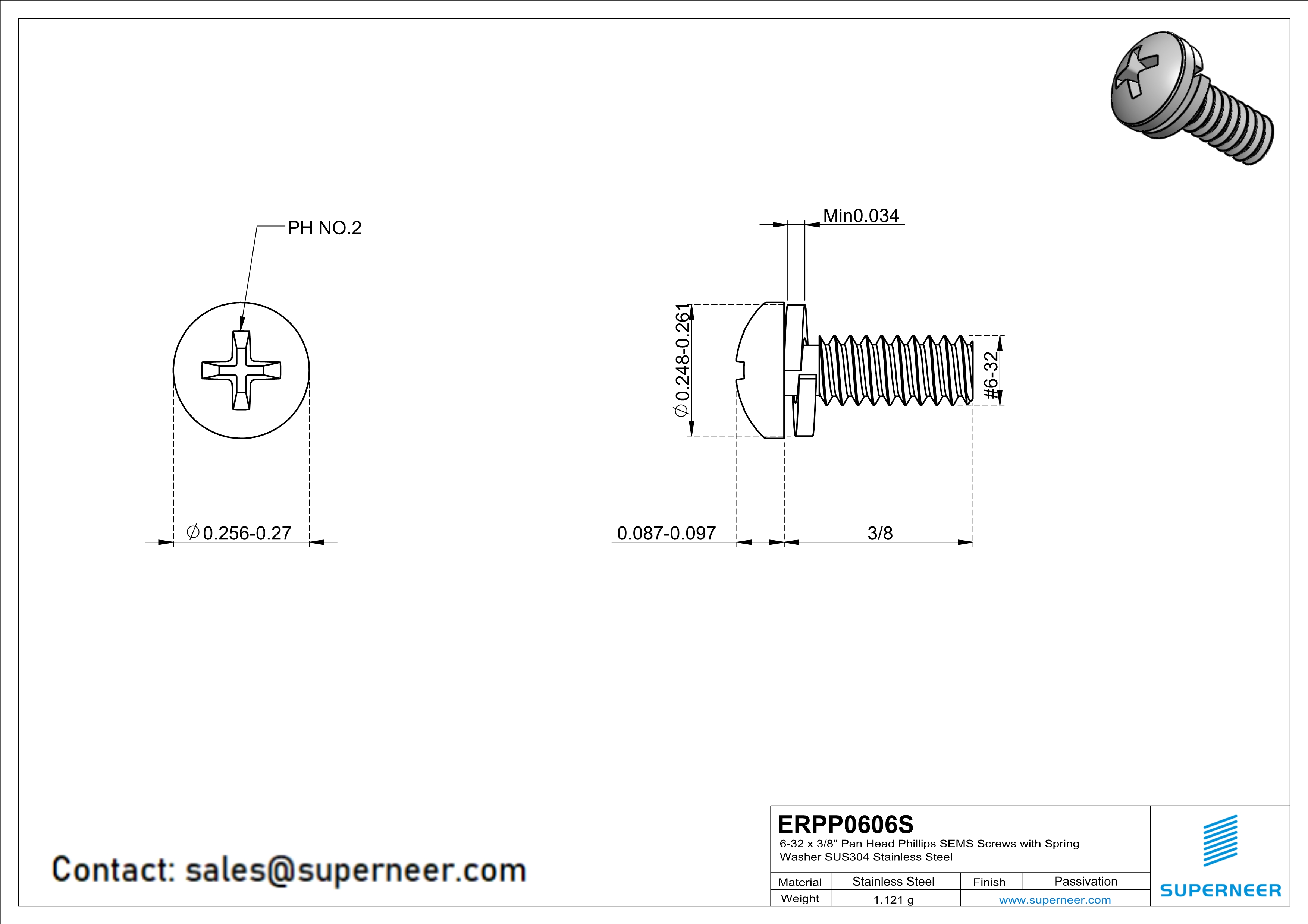 6-32 x 3/8" Pan Head Phillips SEMS Screws with Spring Washer SUS304 Stainless Steel Inox