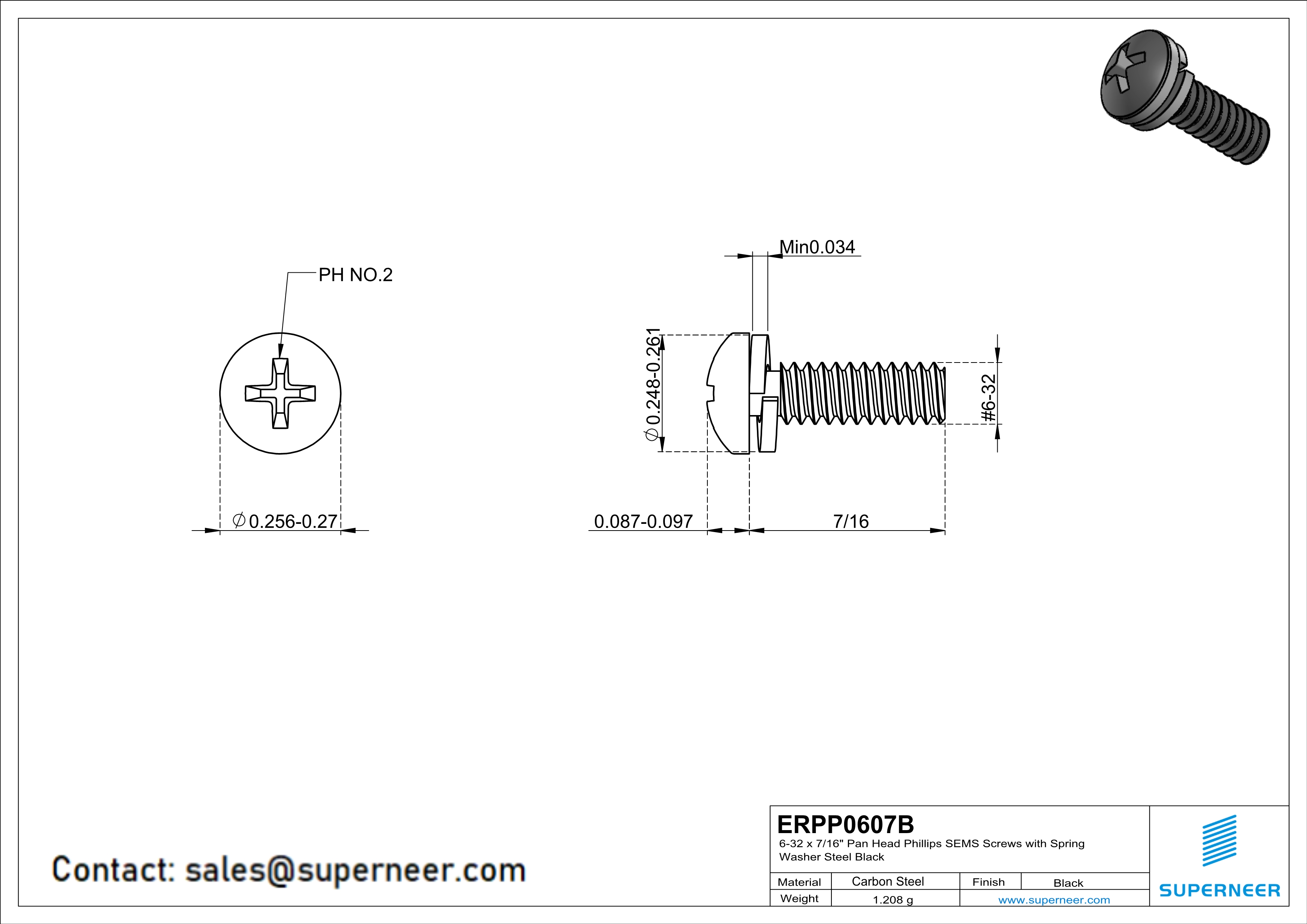 6-32 x 7/16" Pan Head Phillips SEMS Screws with Spring Washer Steel Black