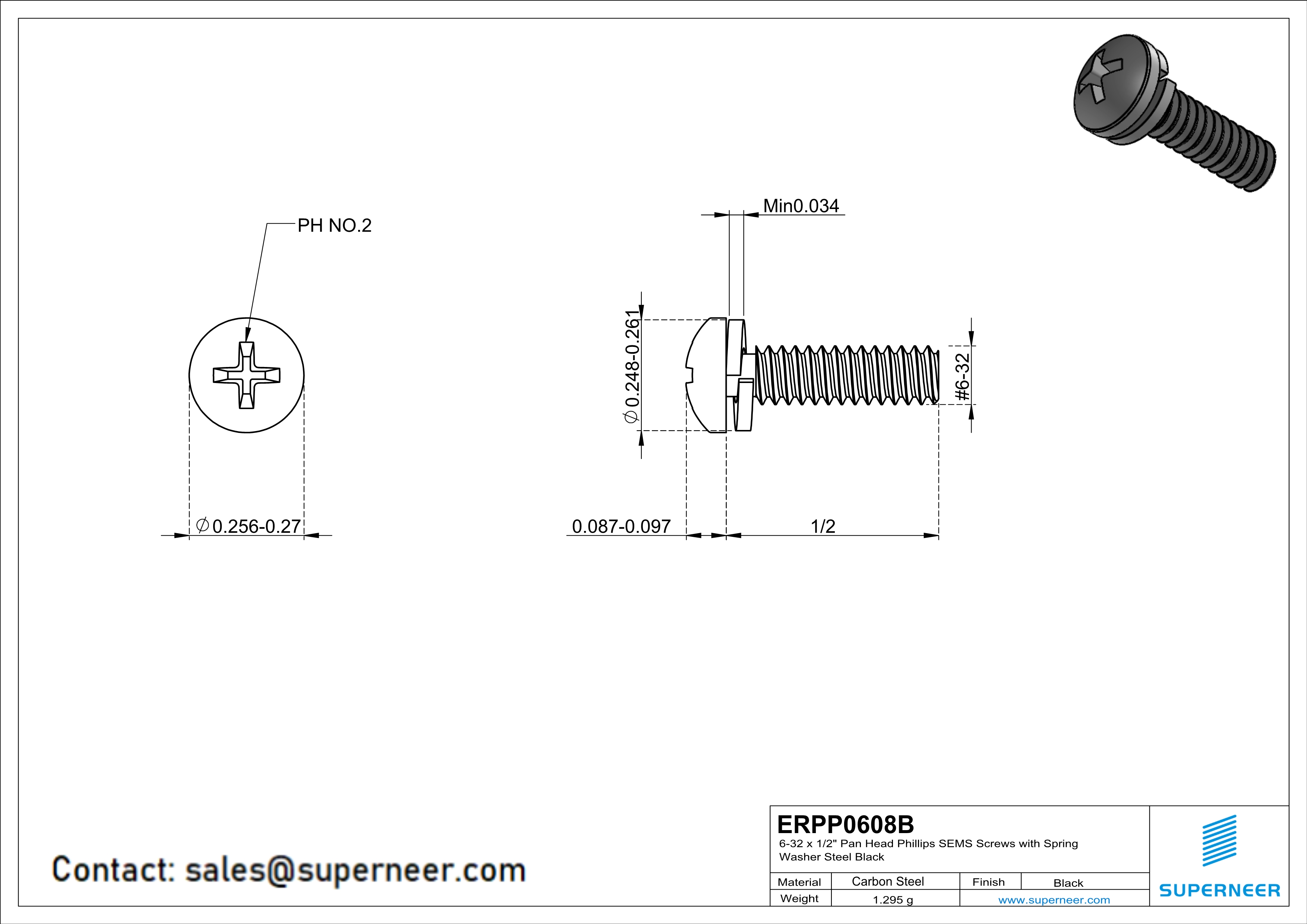 6-32 x 1/2" Pan Head Phillips SEMS Screws with Spring Washer Steel Black