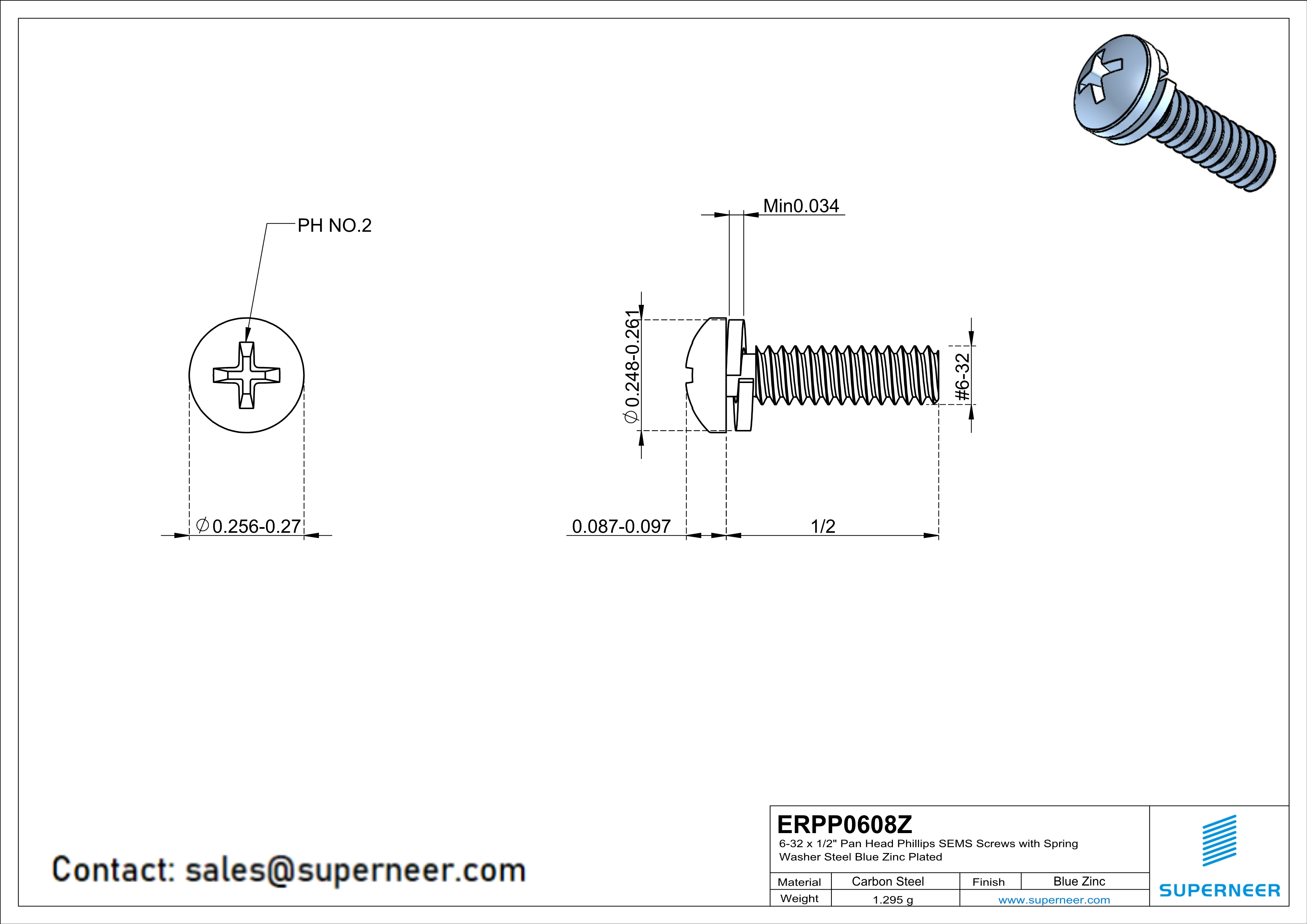 6-32 x 1/2" Pan Head Phillips SEMS Screws with Spring Washer Steel Blue Zinc Plated