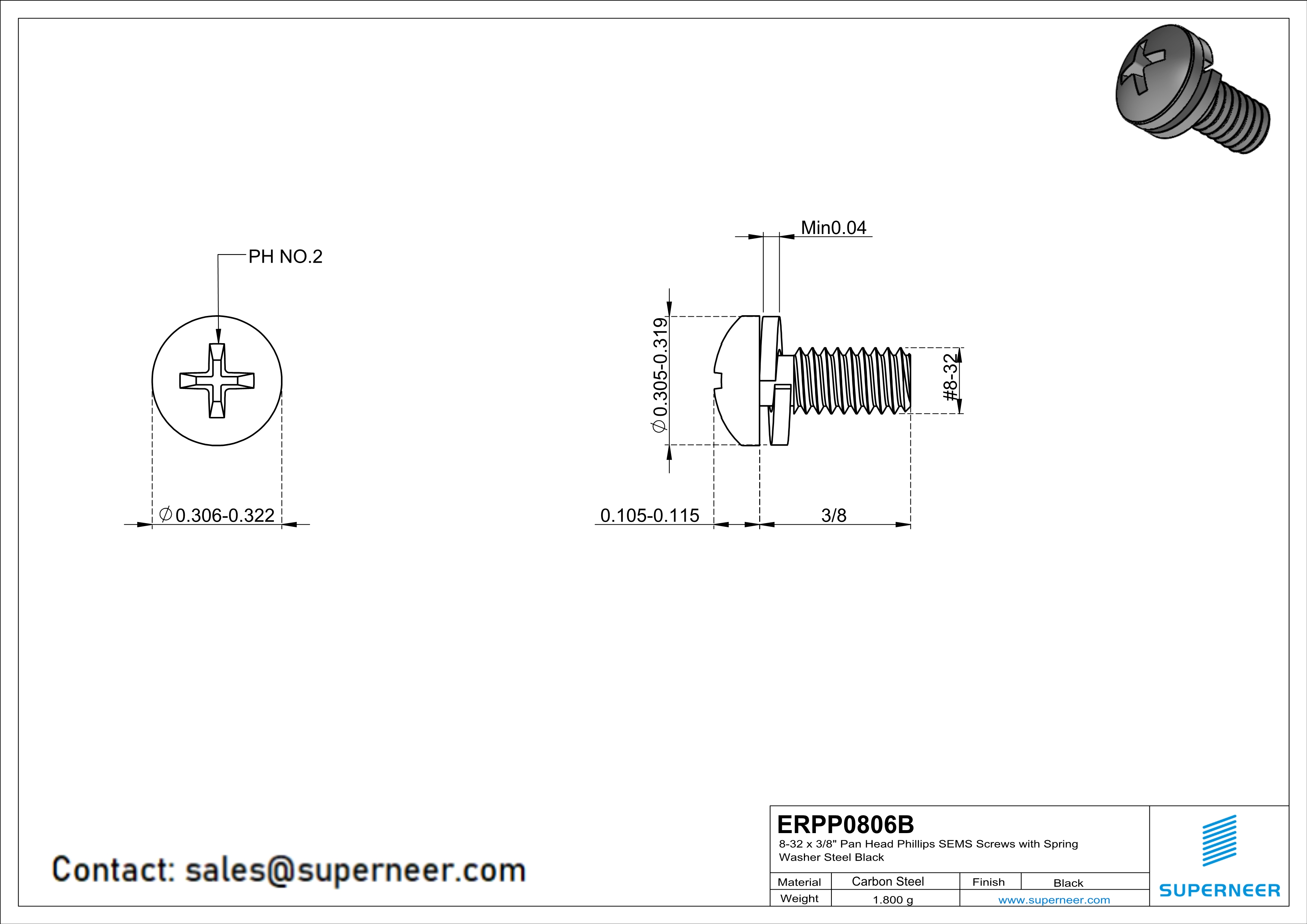 8-32 x 3/8" Pan Head Phillips SEMS Screws with Spring Washer Steel Black