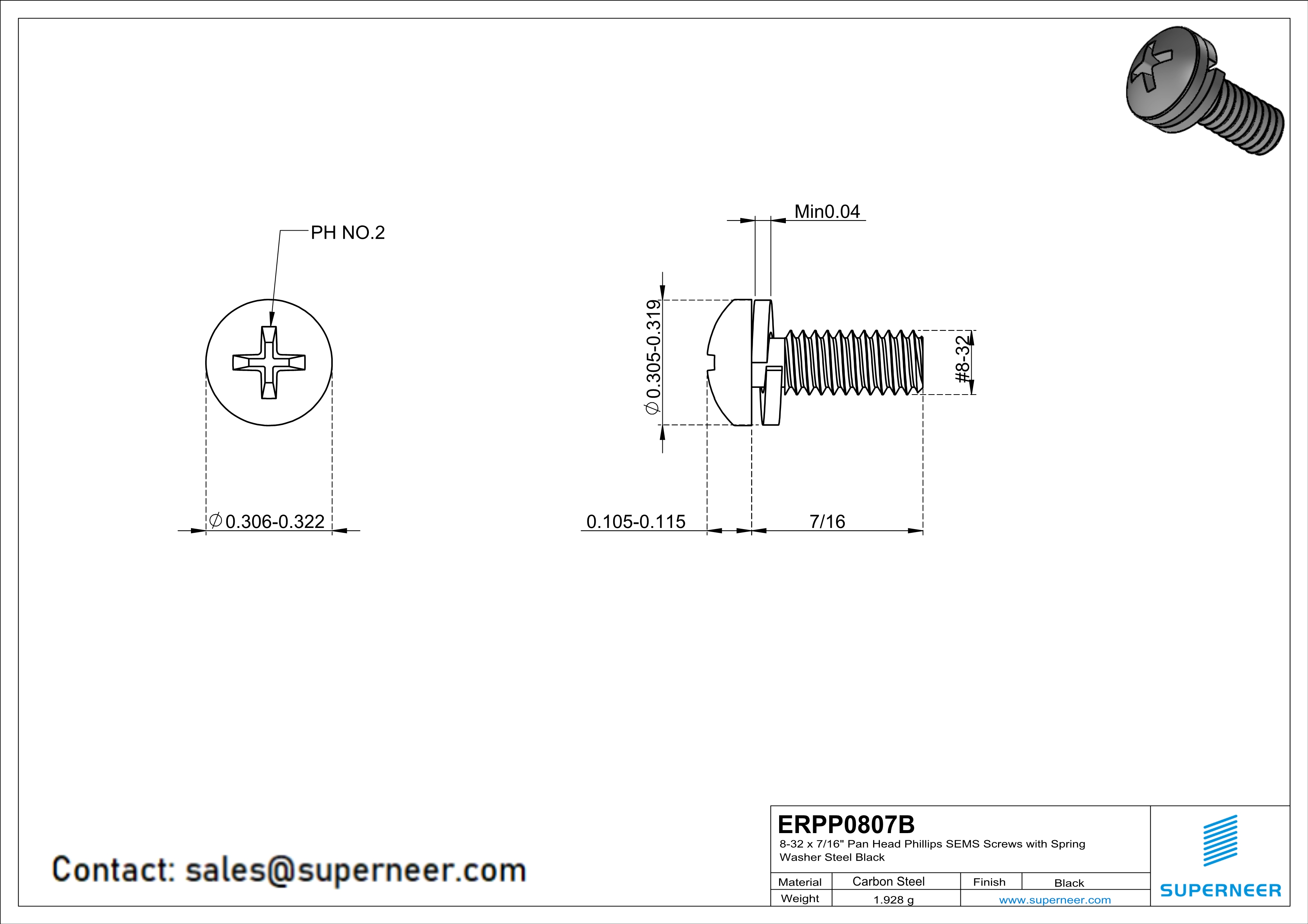 8-32 x 7/16" Pan Head Phillips SEMS Screws with Spring Washer Steel Black