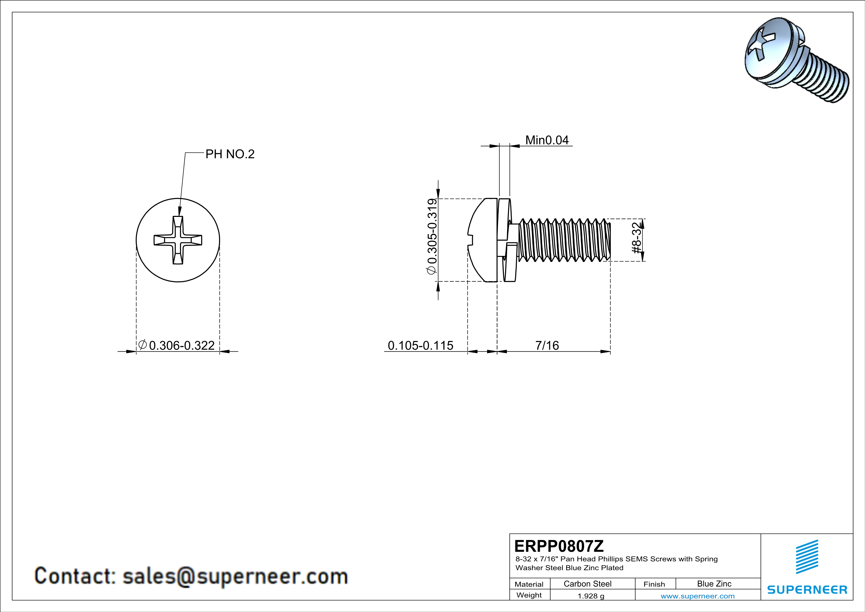 8-32 x 7/16" Pan Head Phillips SEMS Screws with Spring Washer Steel Blue Zinc Plated