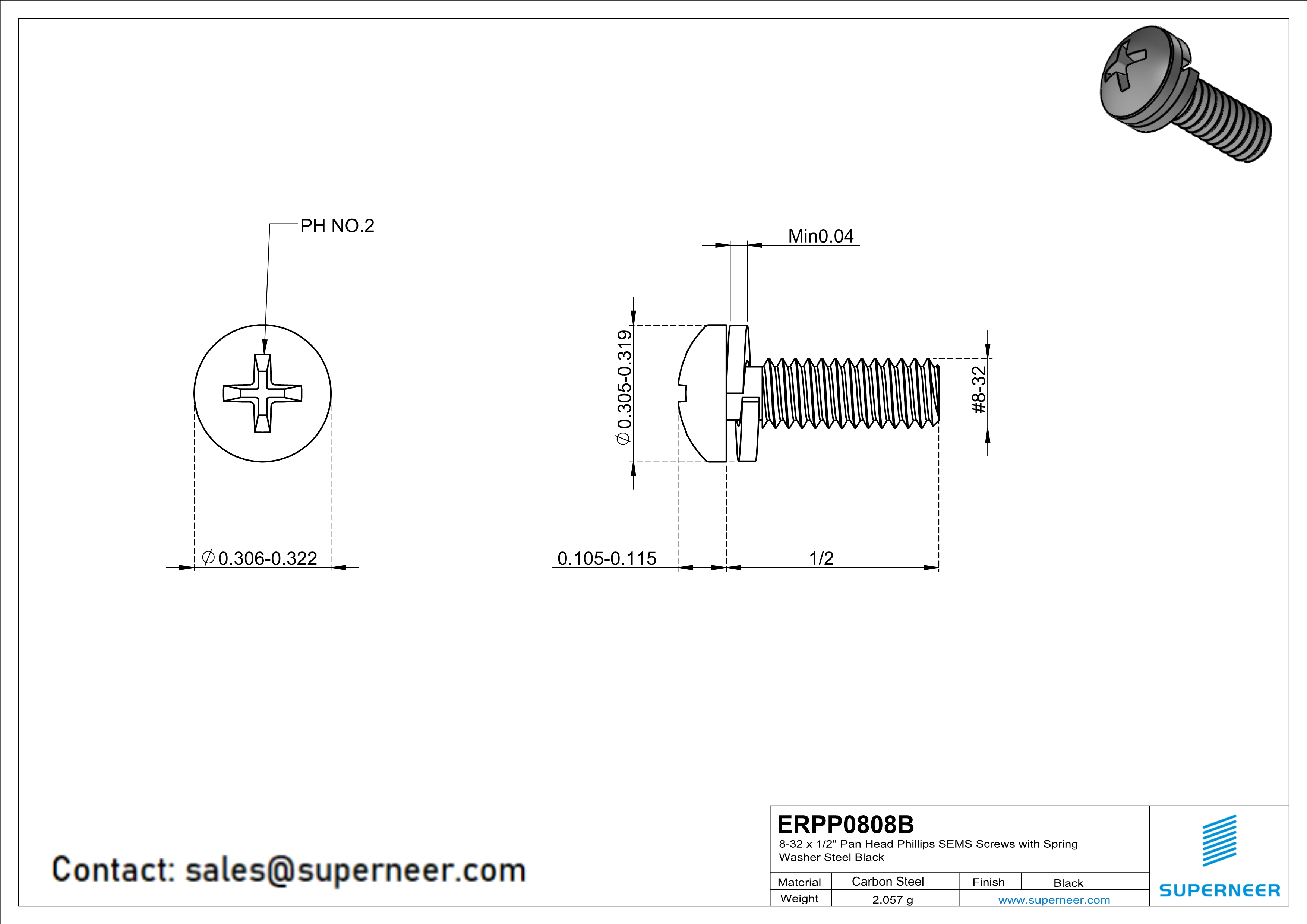 8-32 x 1/2" Pan Head Phillips SEMS Screws with Spring Washer Steel Black