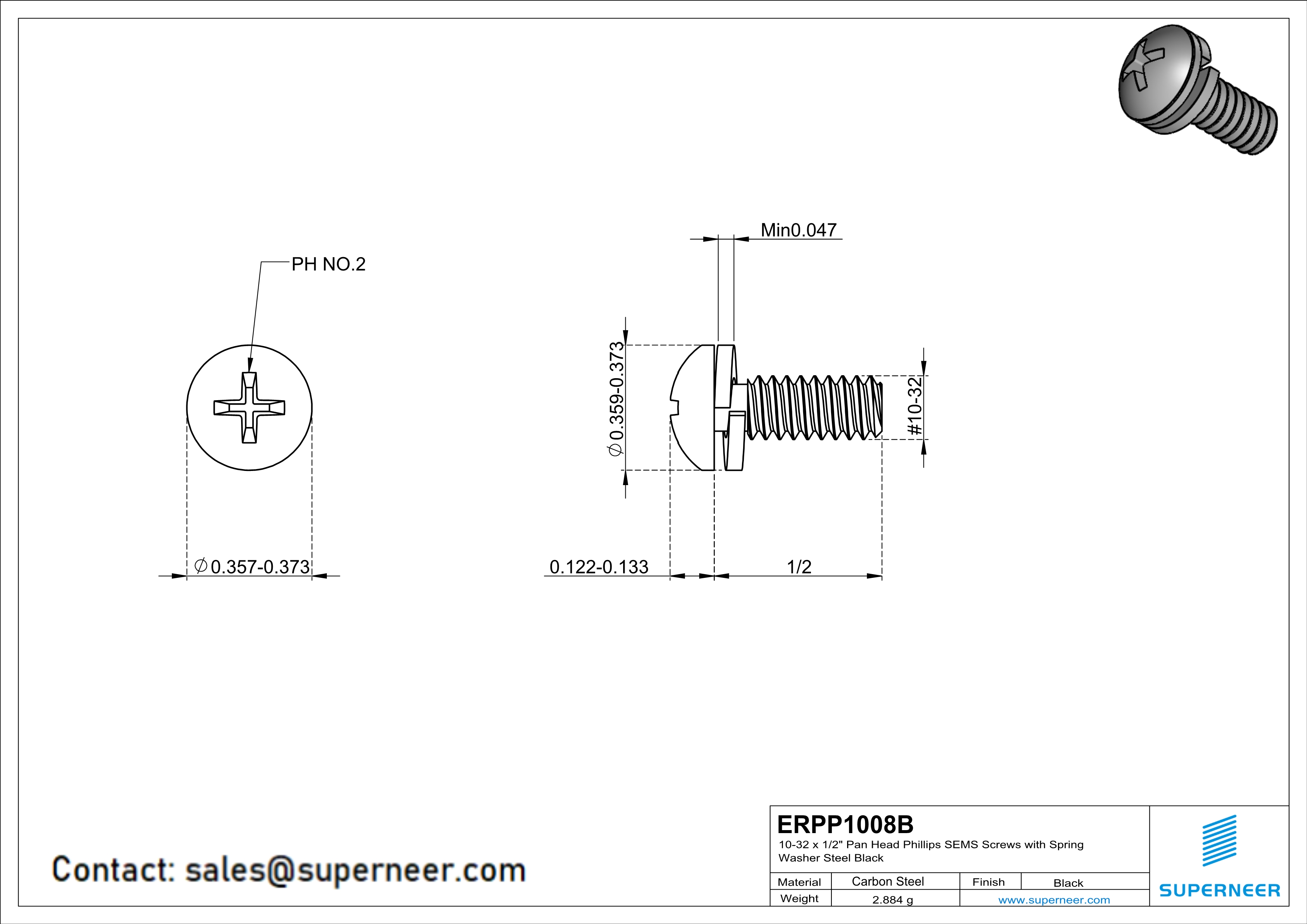 10-32 x 1/2" Pan Head Phillips SEMS Screws with Spring Washer Steel Black